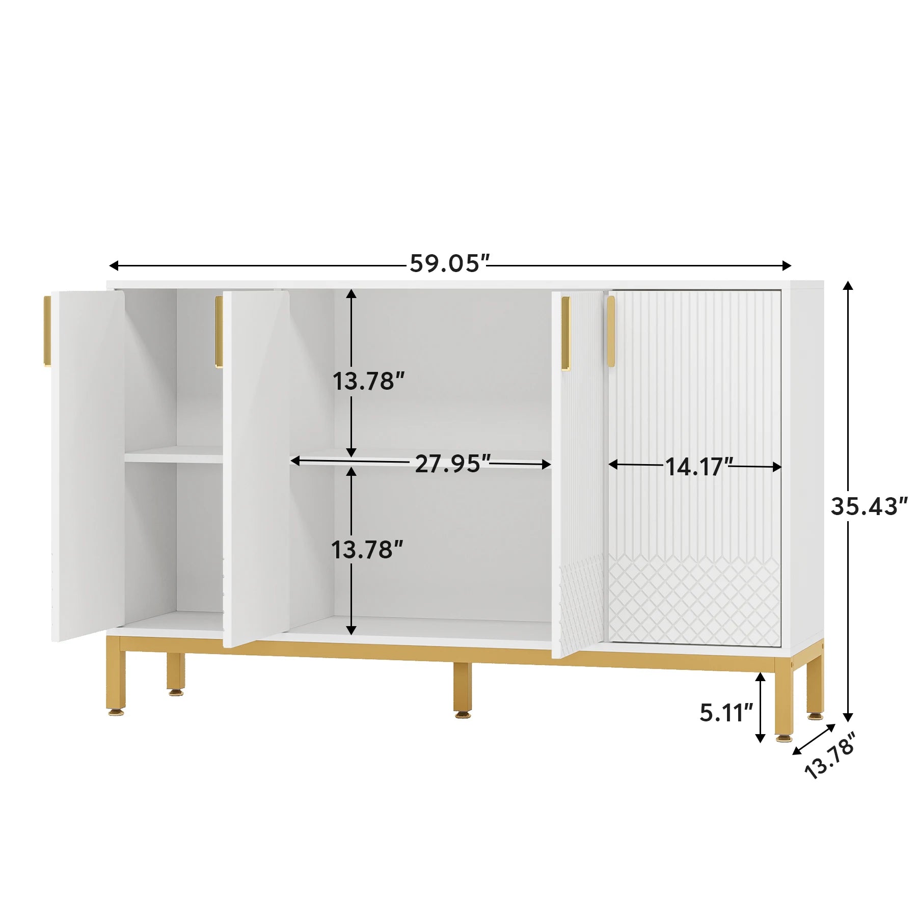 Tribesigns Modern Storage Cabinet, 59 Inch Console Cabinet Sideboard Buffet Cabinet with 4 Doors & Gold Metal Base