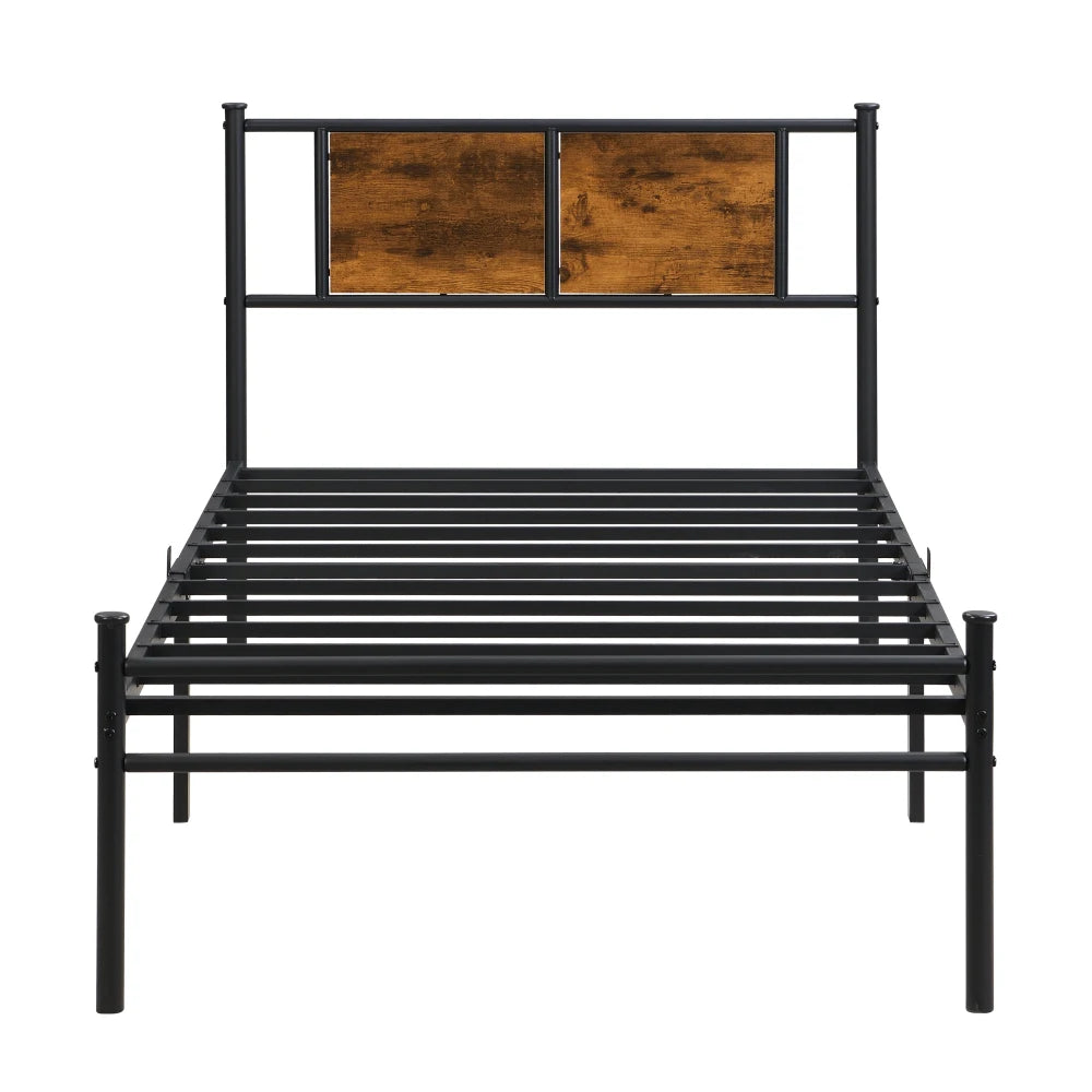 Twin Size Metal Bed Frame with Wood Panel Headboard – Quick Assembly, Noiseless (Black)