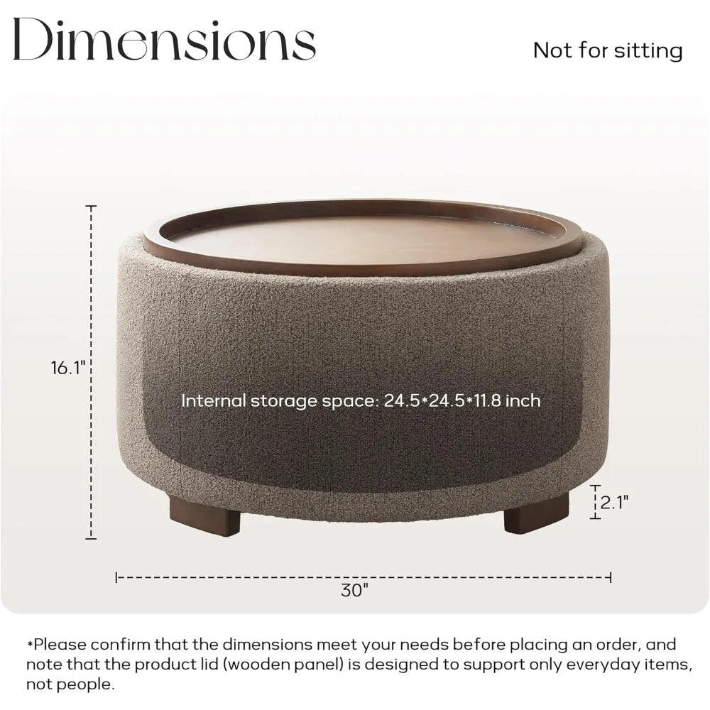 30” Round Boucle Storage Ottoman – Lift-Off Lid Coffee Table with Solid Wood Legs