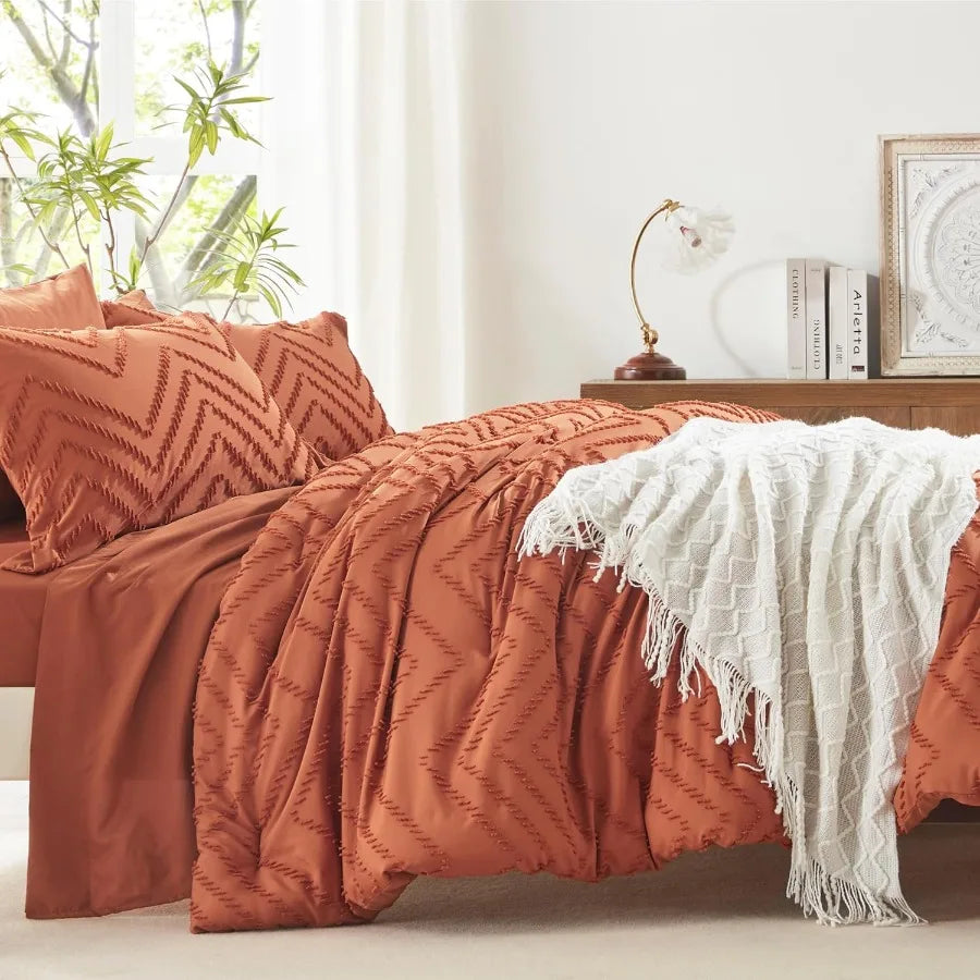 King Bed in a Bag 7 Pieces Burnt Orange Tufted Comforter Set with Comforter Pillow Shams Pillowcases Flat Sheet Fitted Sheet
