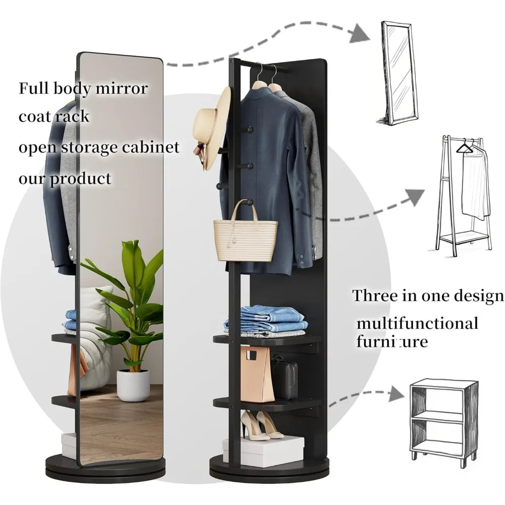 Mirror Full Length, Swivel Full Body Mirror Coat Rack with Storage Hanger and Open Shelves for Bedroom and Living Room