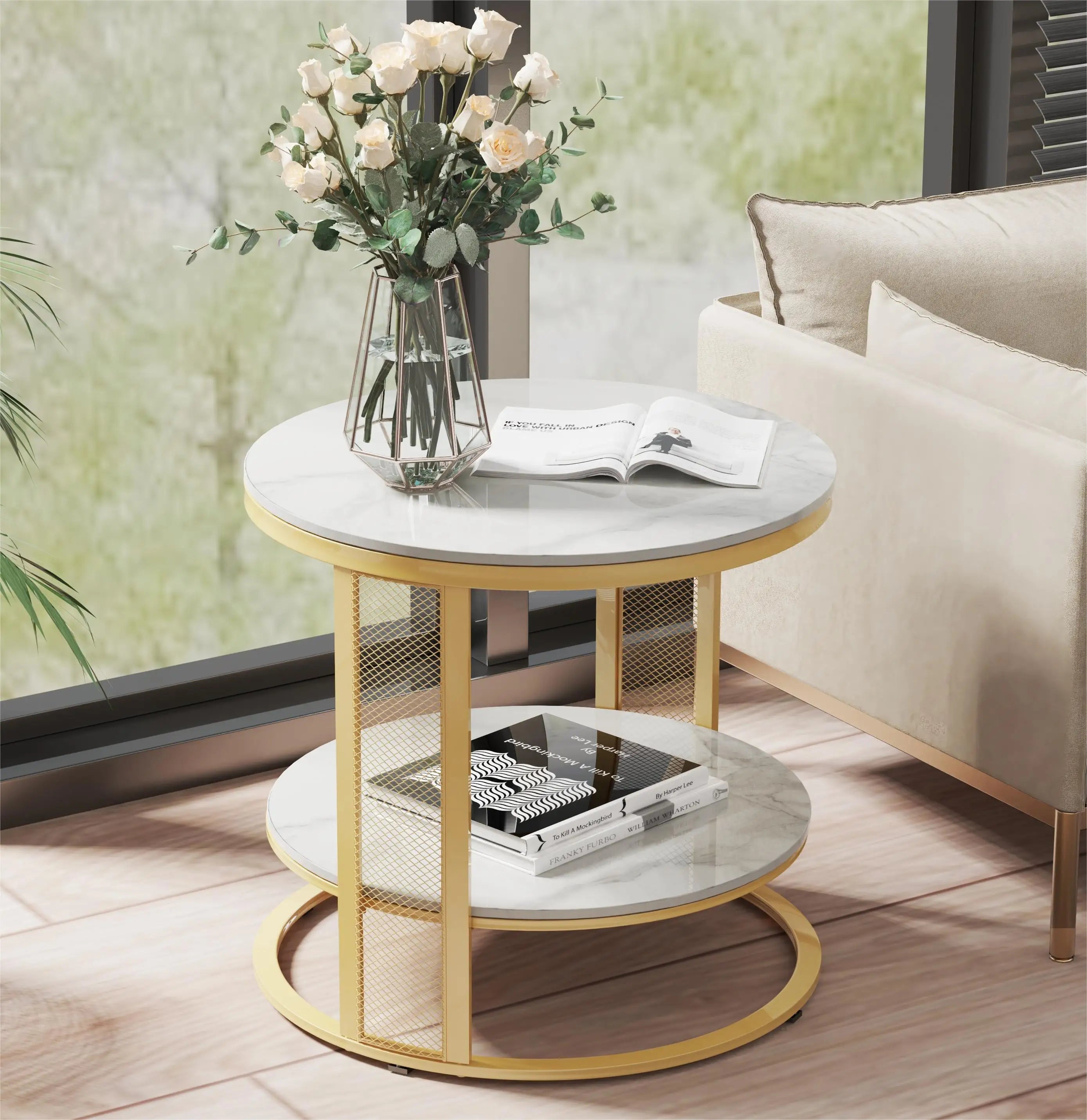 2 Tier Marble Effect Coffee Table Large Sofa Side End Table Golden Metal Frame