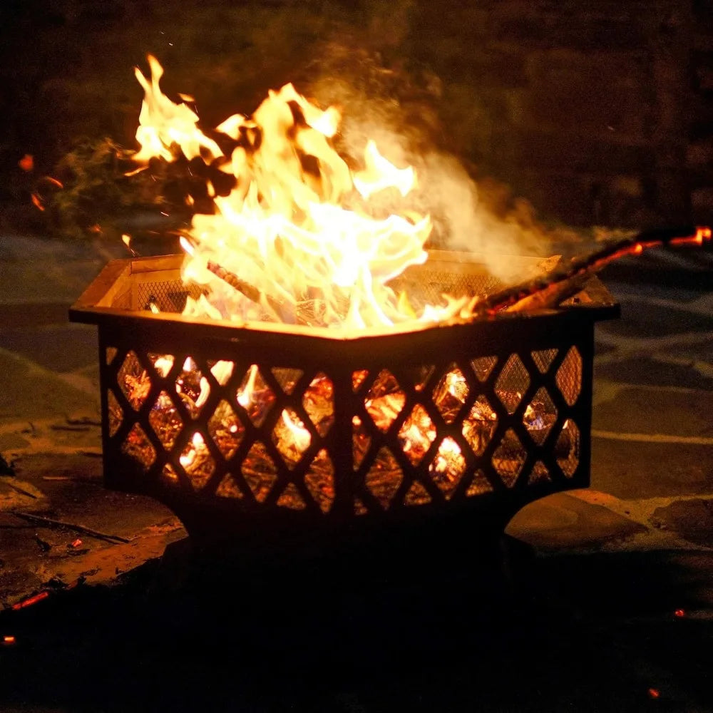 28in Hex Shaped Fire Bowl - Large Wood Burning Outdoor Fire Pit with Spark Screen & Poker for Bonfire, Picnic, BBQ