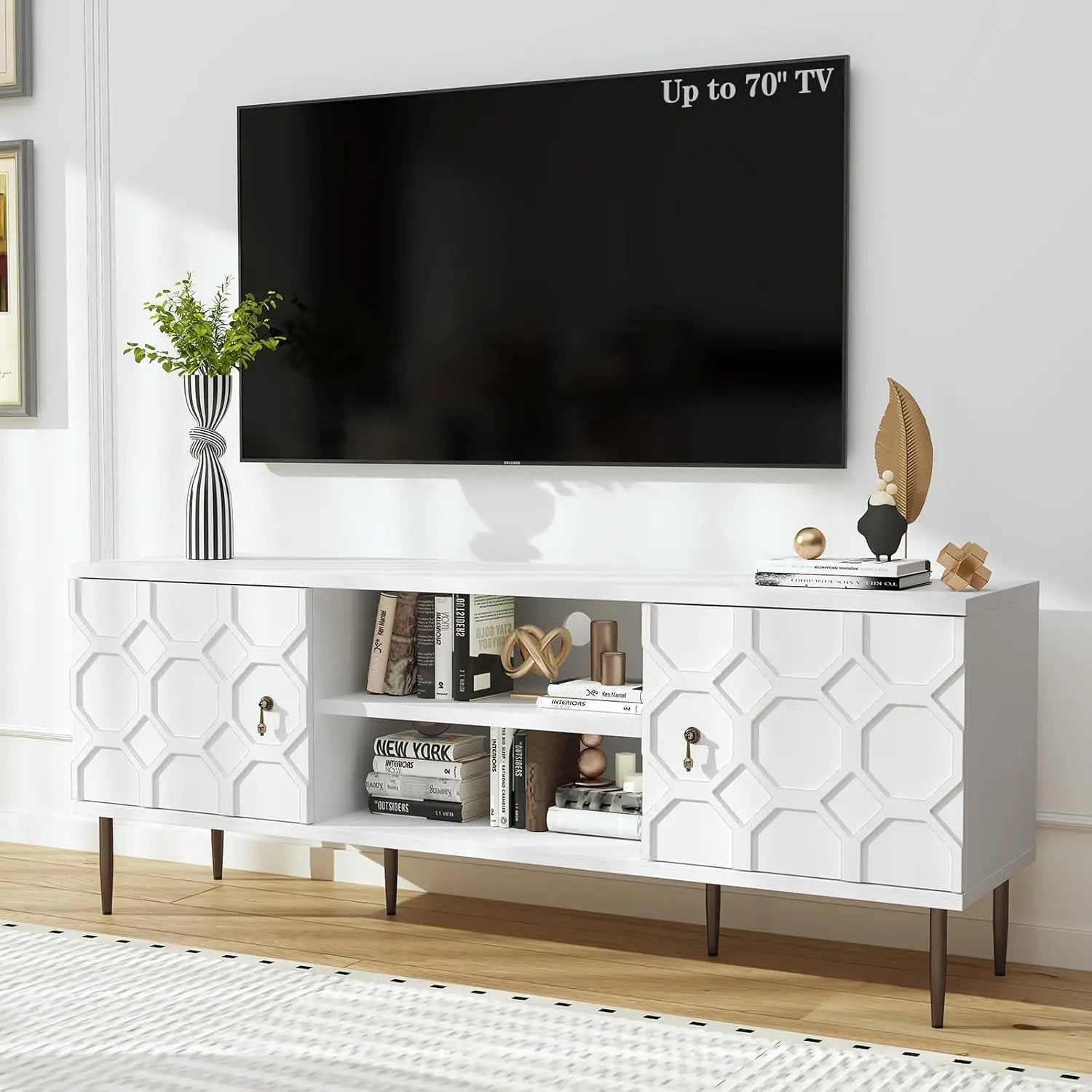 Modern TV Stand for 65/70inch TV, Entertainment Center with Storage Cabinet and Open Shelves, Embossed Pattern TV Stand, TV and