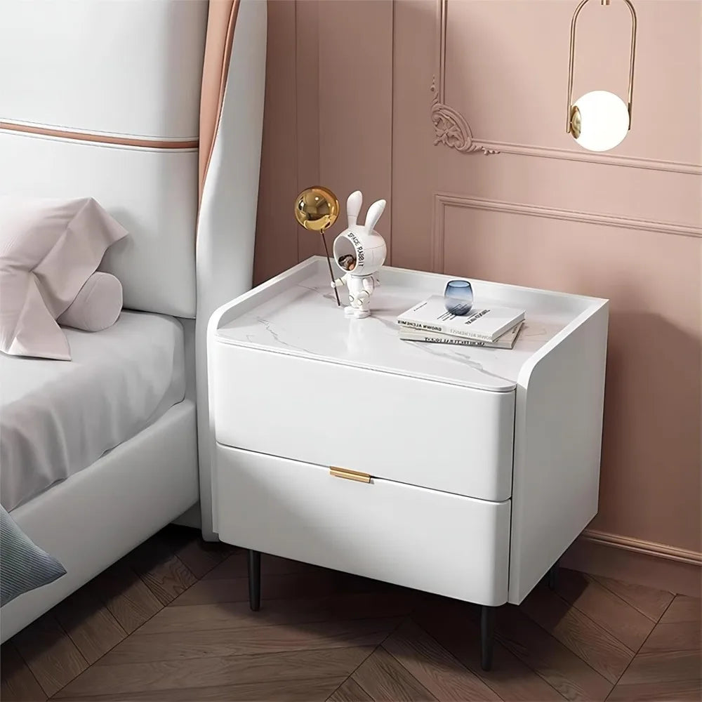 Modern Wooden Nightstand with 2 Drawers, Metal Legs, and Slate Top for Bedroom and Living Space