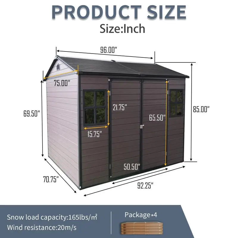 8x6 ft Waterproof Resin Outdoor Storage Shed with Floor, 2 Windows & Lockable Door for Garden, Patio, Backyard Storage Solution