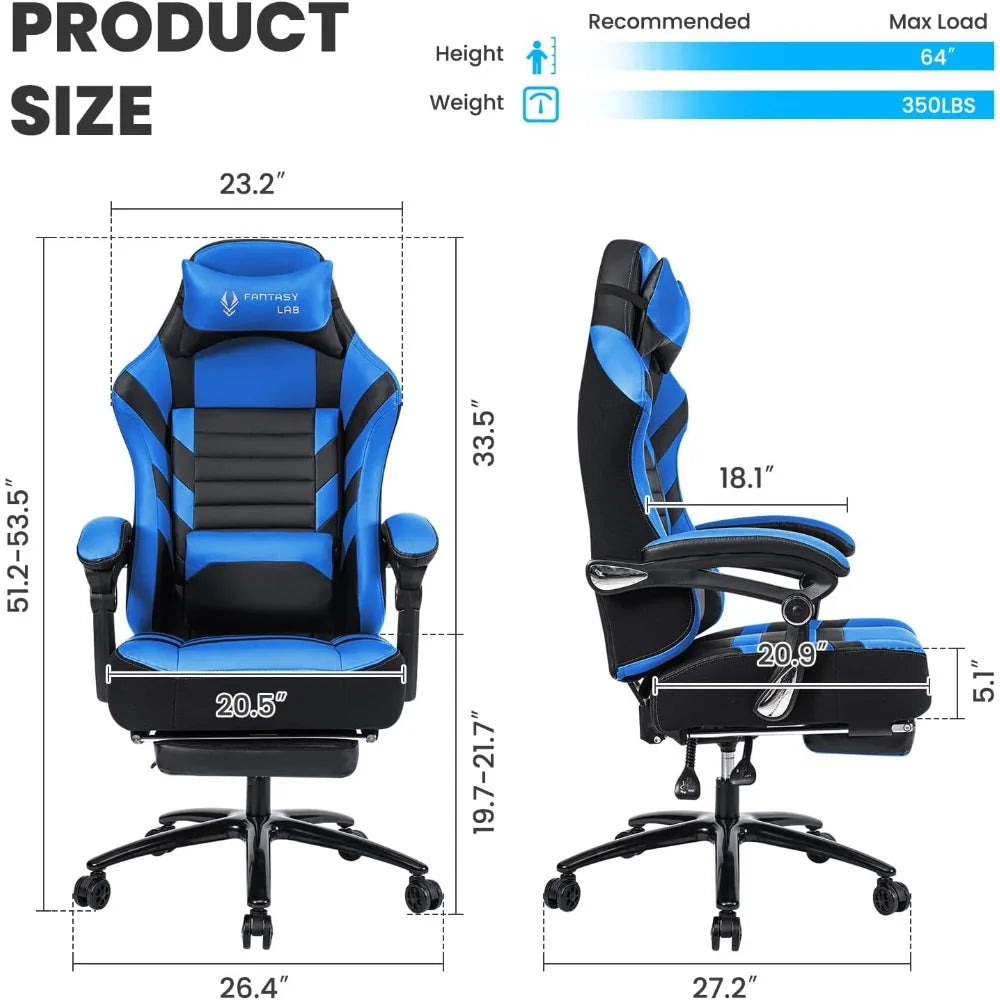 Big & Tall Gaming Chair with Footrest, 400lb Capacity, Massage Feature, Memory Foam, Adjustable Tilt, High Back Leather, Ergono