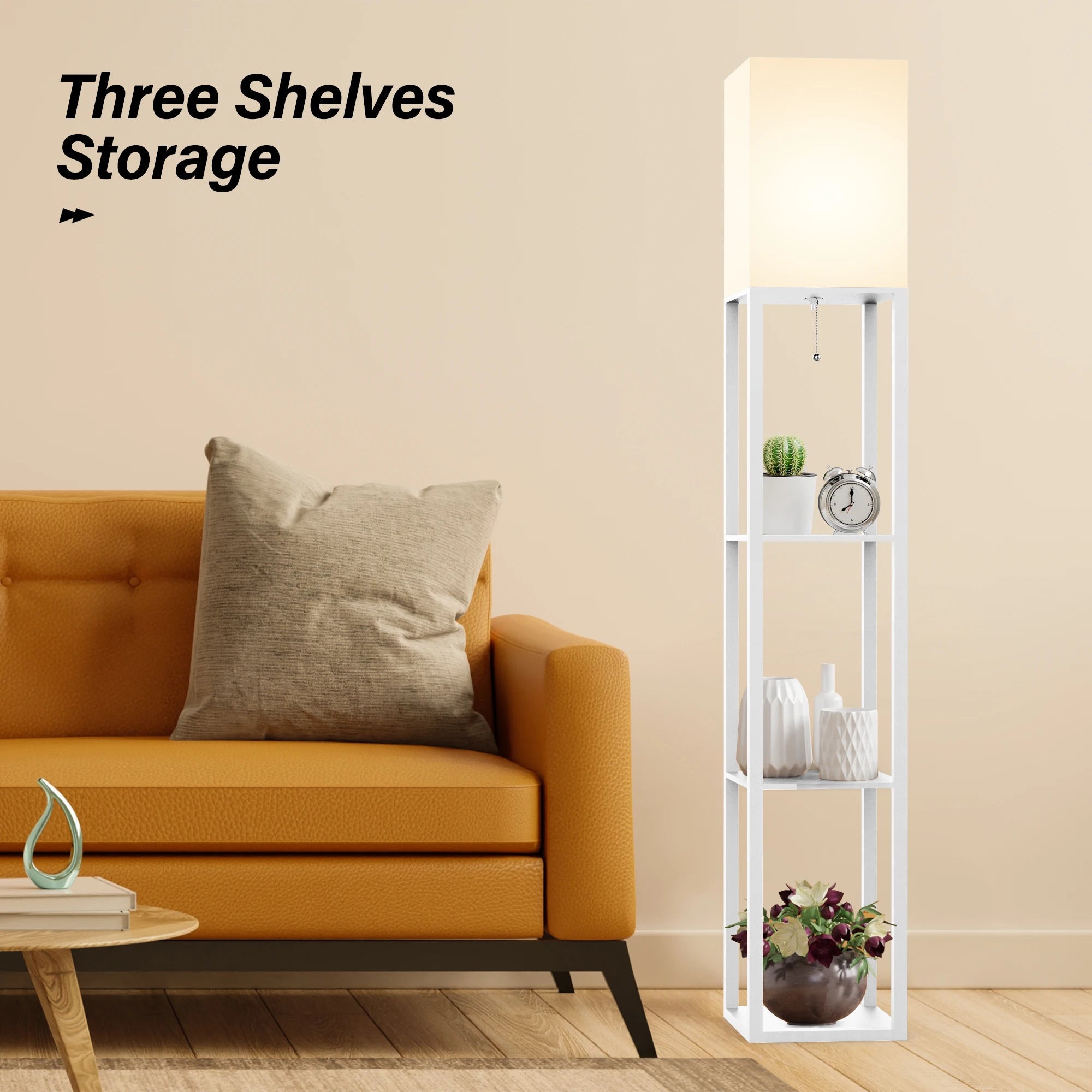 Column Floor Lamp with Shelves, Real Solid Wood and Bulb Included