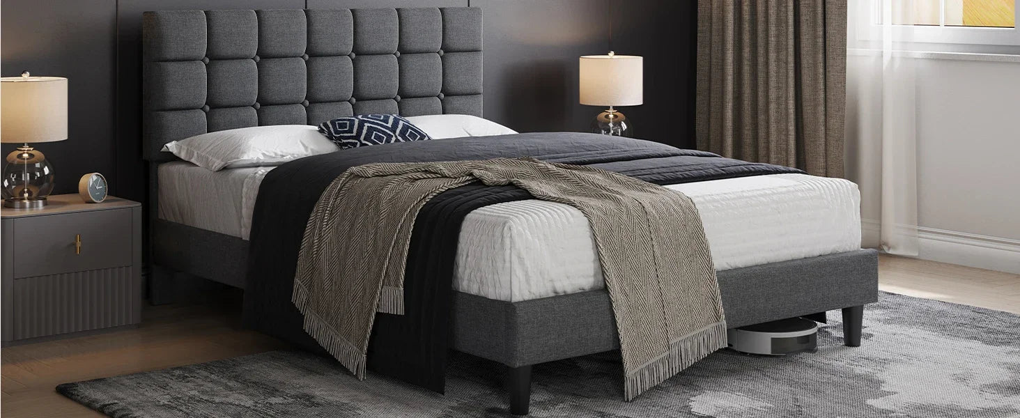 Modern Full Size Upholstered Platform Bed Frame – Square-Stitched Button Tufted Headboard