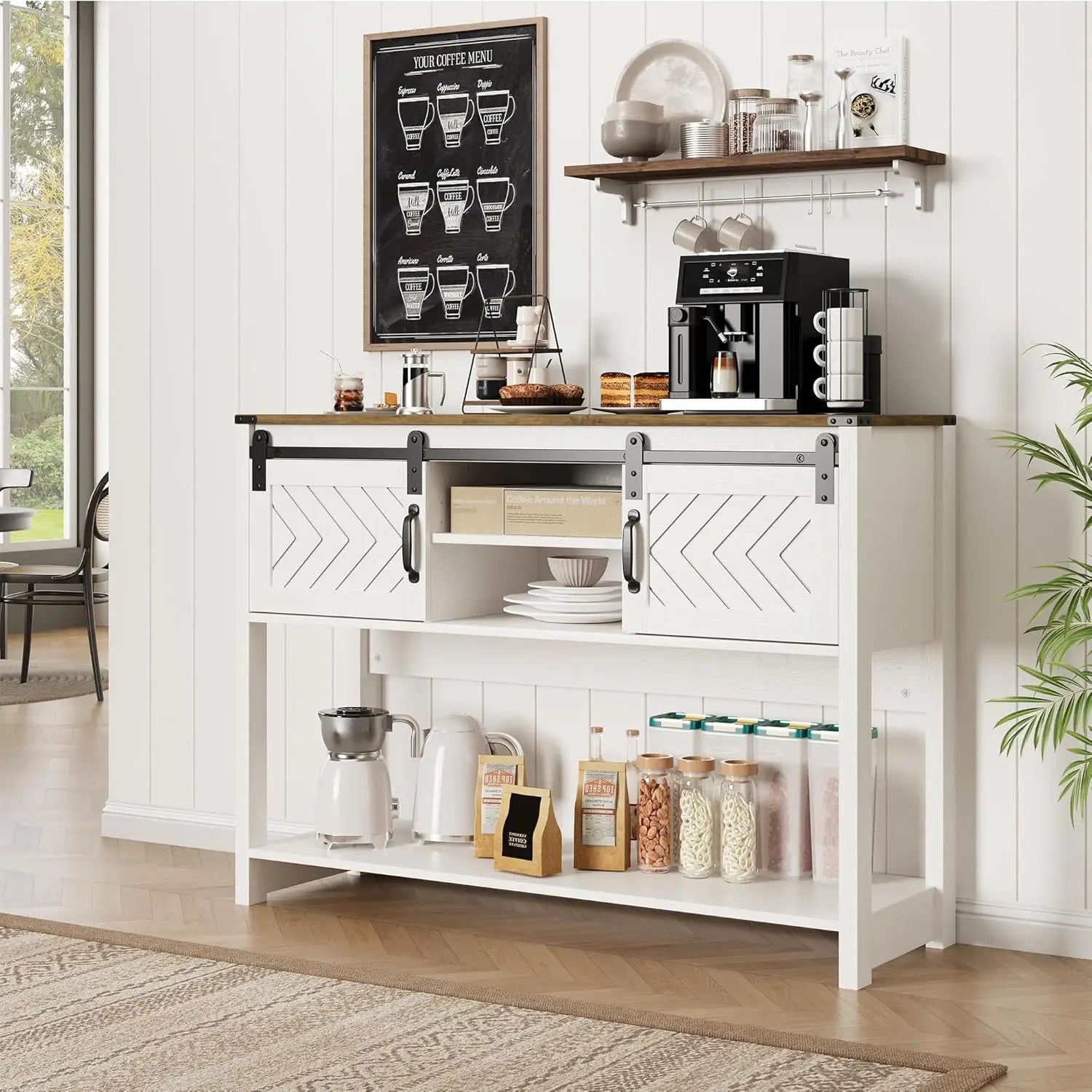 46' Modern Farmhouse Console Table with Sliding Barn Door, Wood Entryway Table with Storage, White & Rustic Oak