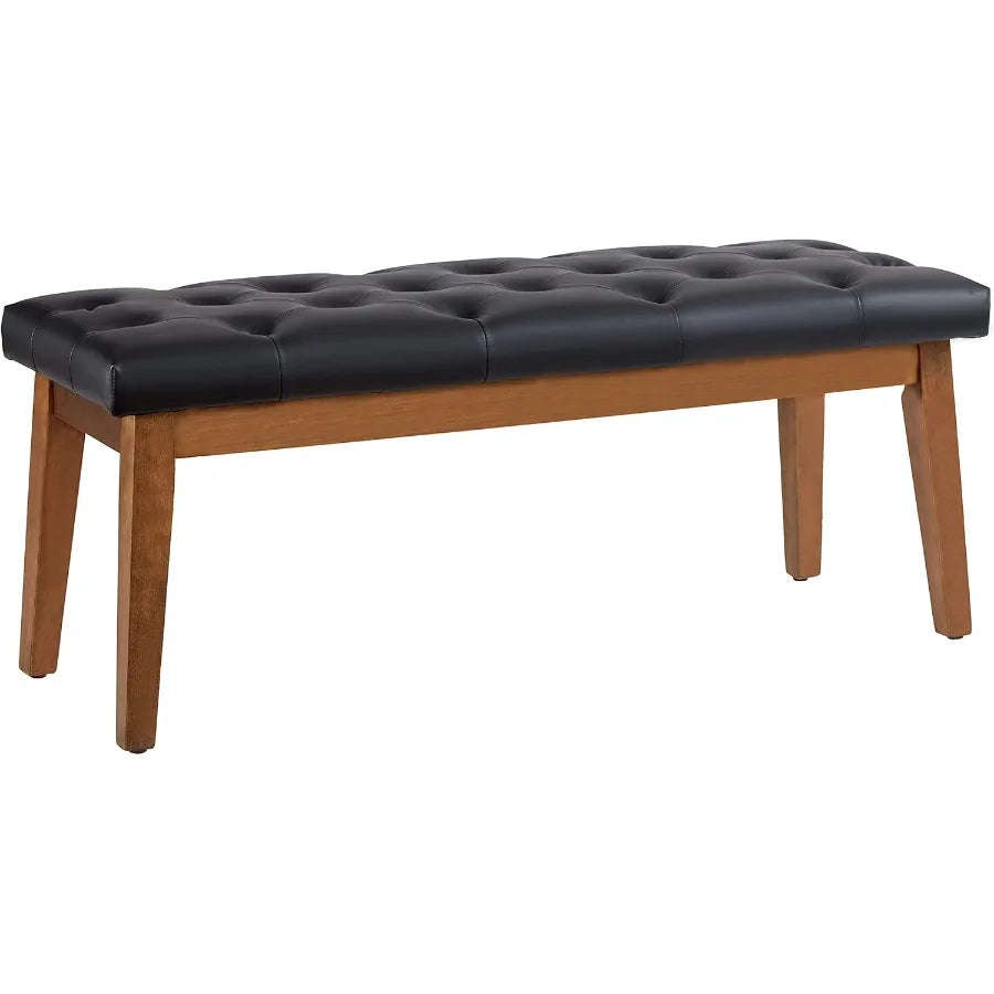 Black Leather Entryway Bench – Solid Wood Modern Hallway Bench