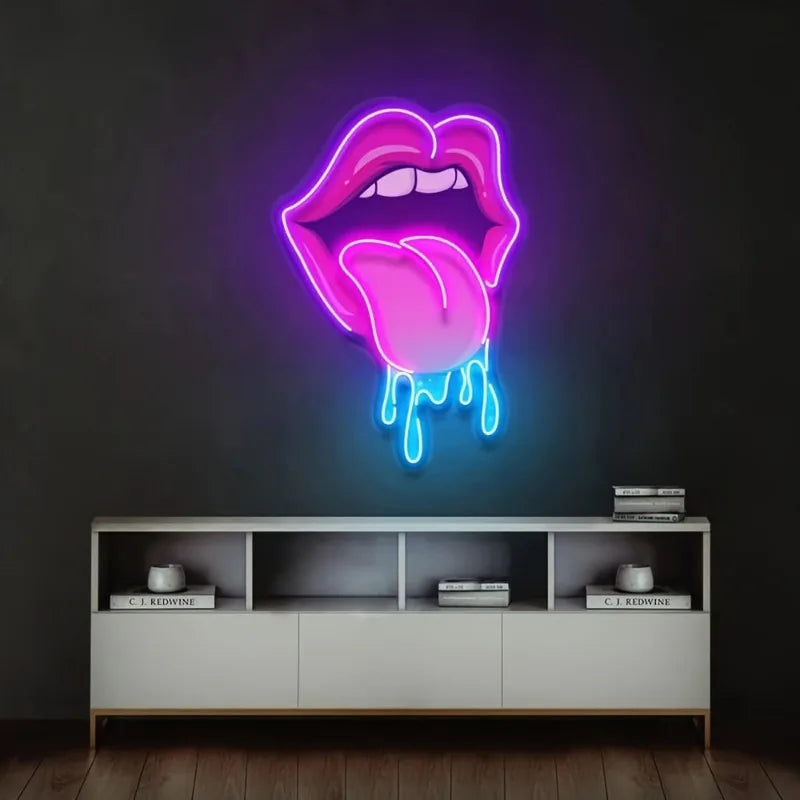 Pink Lips and Tongue LED Neon Sign - Glowing Wall Signs for Room Decoration USB Powered UV Panel Wedding Bar Decoration Signs