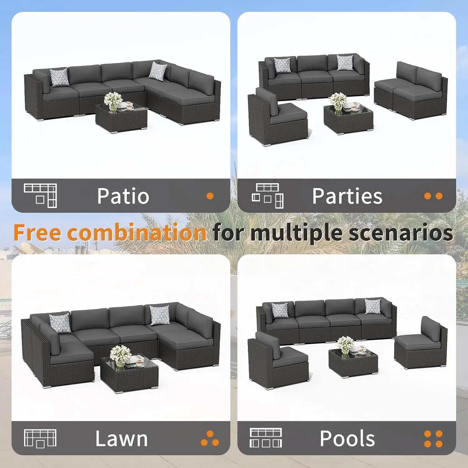 7-Piece Outdoor Black Rattan Wicker Sectional Conversation Sets Patio Furniture Sofa Set with Cushions and Glass Top Table(Grey)
