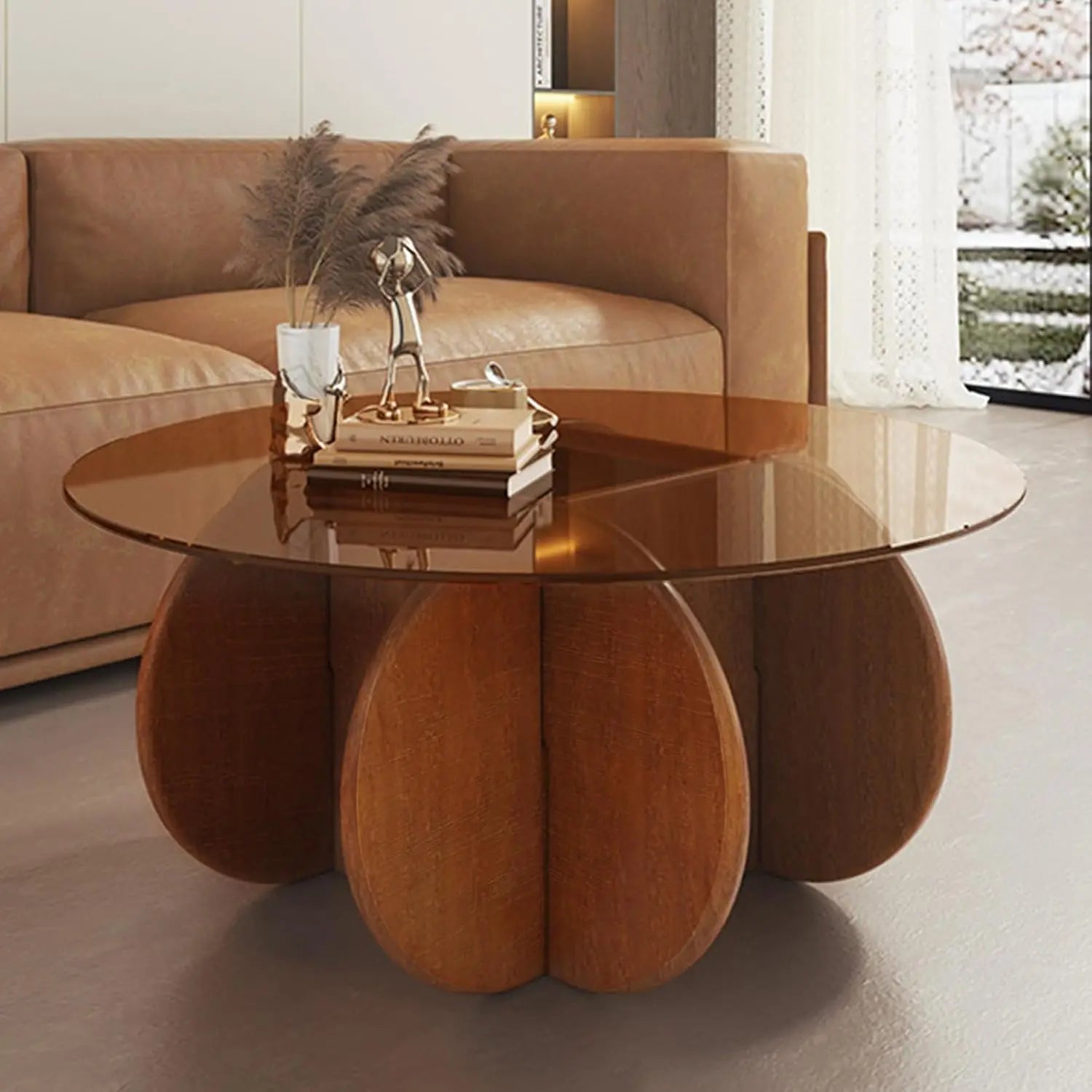 Modern Round Coffee Table with Solid Wood Legs, 31.5'' Glass Coffee Tables for Living Room Rustic Circle Center Cocktail Table