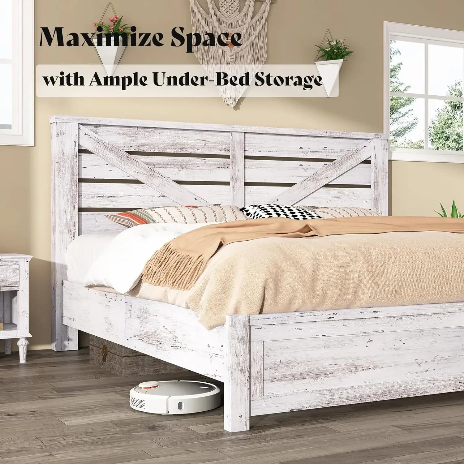 King Size Farmhouse Platform Bed Frame – 49.2″ Barn Door Headboard with Underbed Storage (Distressed White)