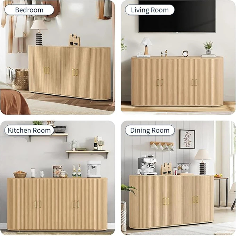 63" Sideboard Buffet Cabinet with Storage, Modern Fluted Accent Credenza with Adjustable Shelves, Wood Coffee Bar with Curved