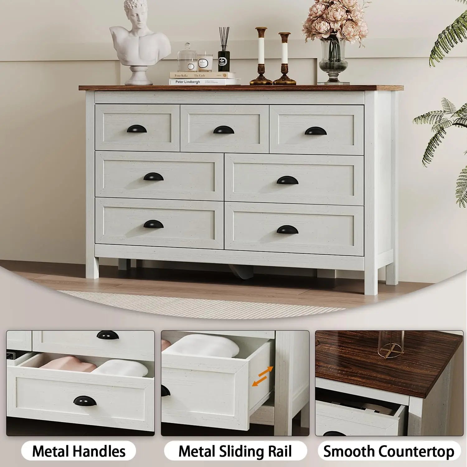 Farmhouse White Dresser for Bedroom, Wide Wood Dressers & Chests of Drawers with Vintage Black Handle, 7 Drawer Dresser