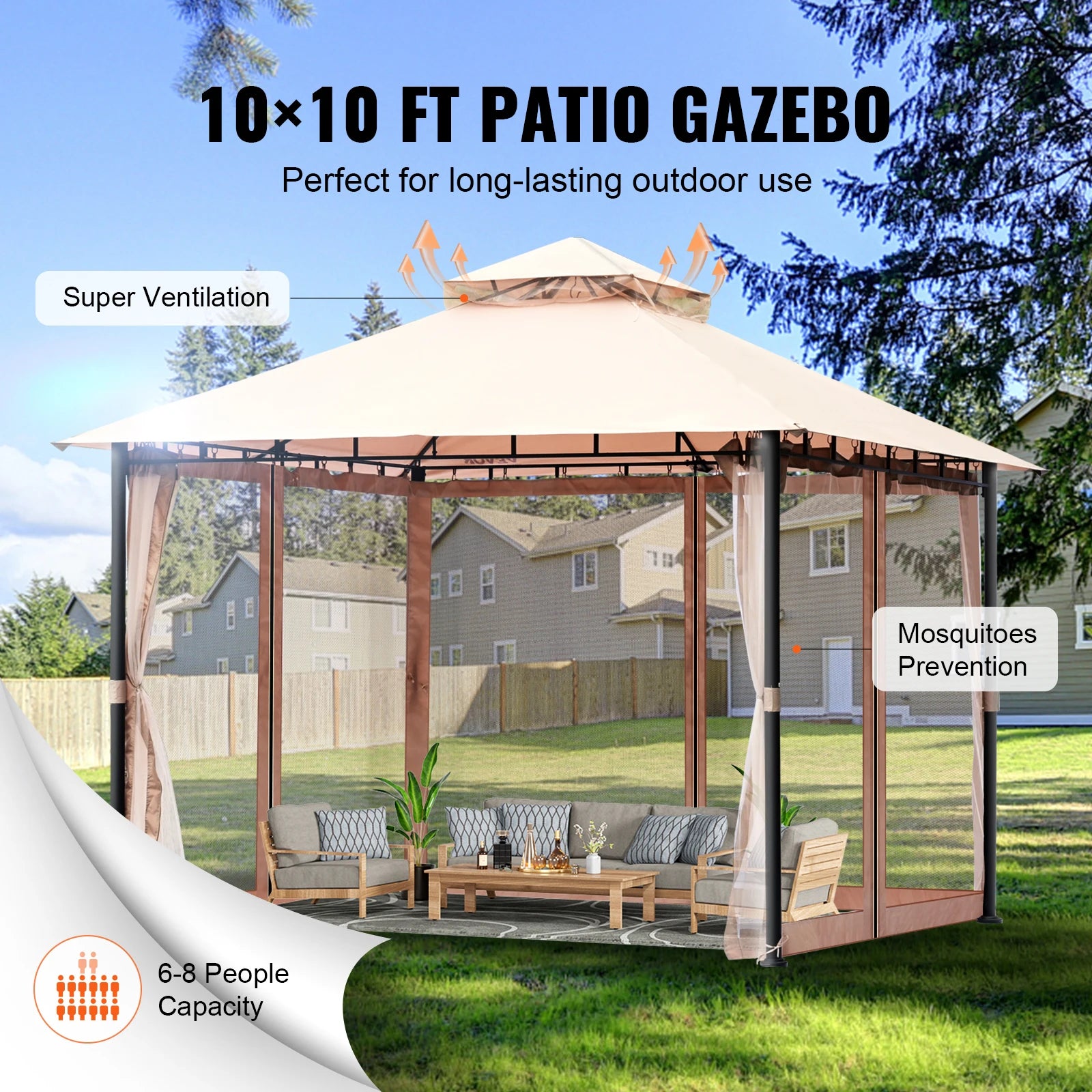 11x11ft/10x10ft/10x13ft Portable Gazebo PU Coated 250D Garden Market Waterproof Collapsible Canopy Tent for Outdoor