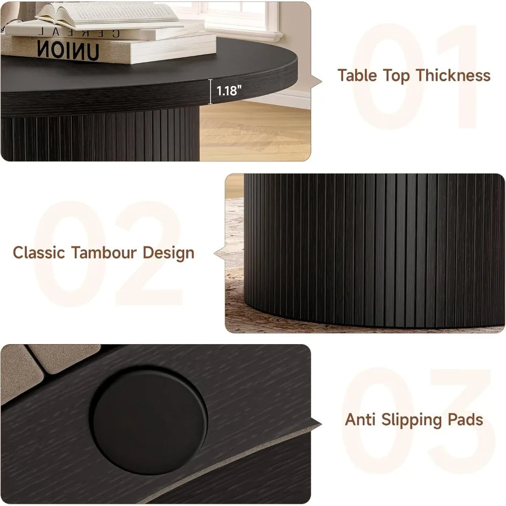 Tambour Drum Coffee Table – Mid-Century Modern Wood Accent Center Table for Living Room