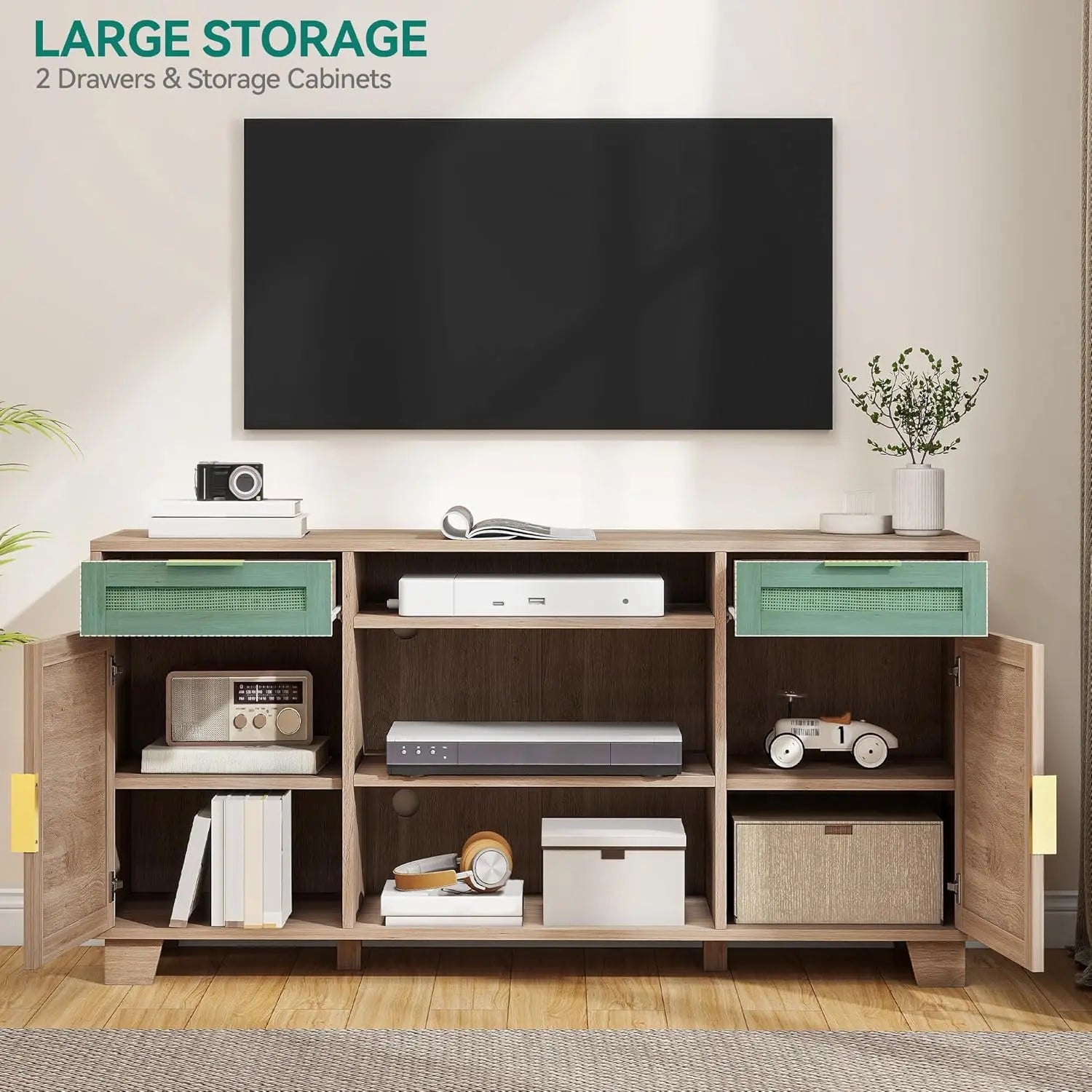 Rattan TV Stand for up to 65 Inch, Boho Media Console with Drawers & Adjustable Shelves, Natural Oak