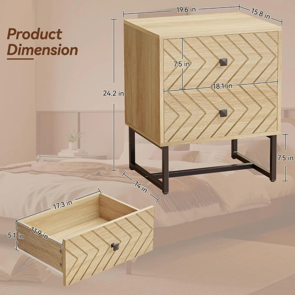 Modern Nightstand with 2 Drawers, Wood Night Stand with Metal Legs, Boho Bedside Table, Accent End Table for Bedroom