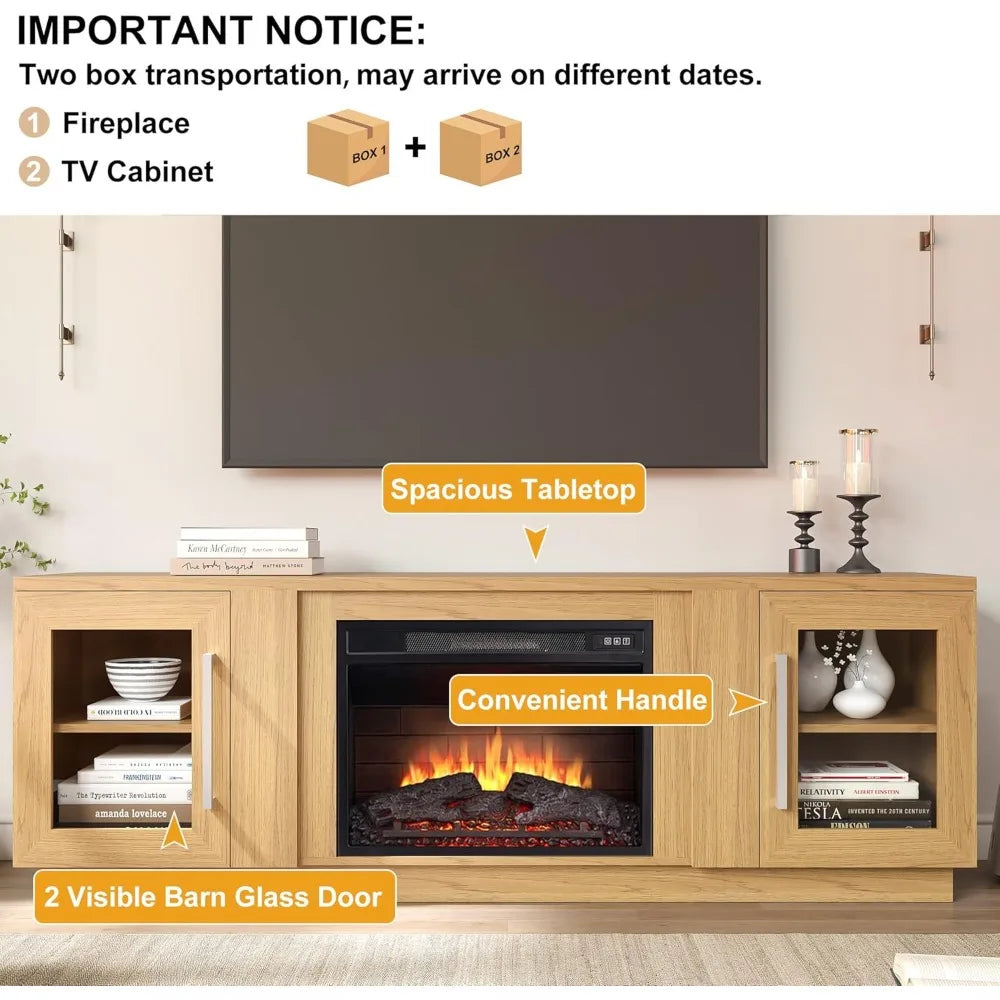 3D Fireplace TV Stand for TVs up to 80’’, Wooden Media Entertainment Center Table & TV Cabinets w/Storage Shelves & Barn Door