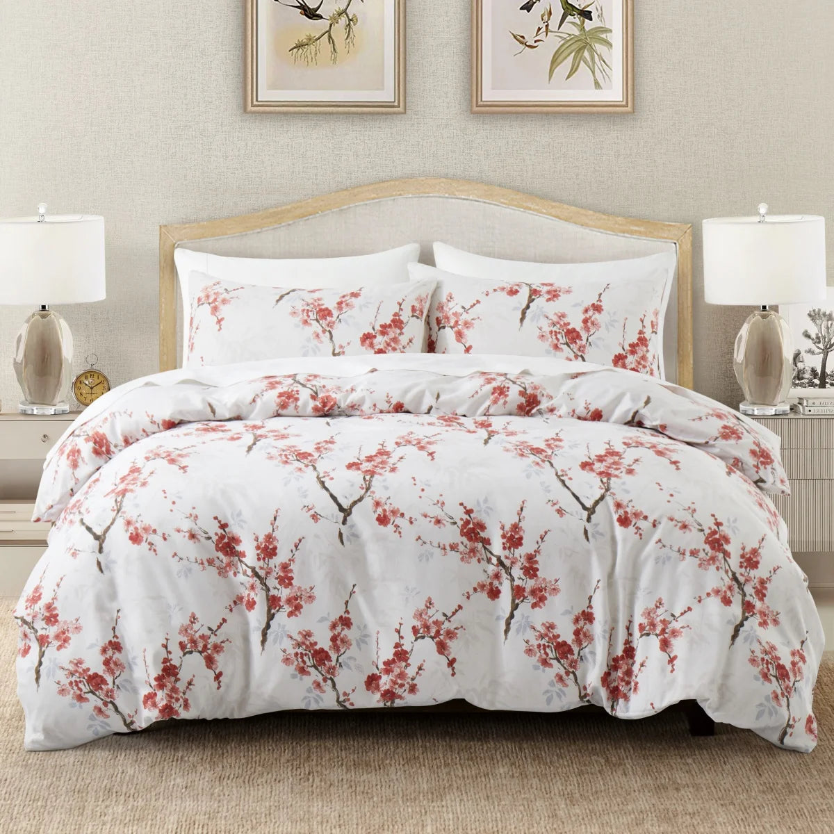 Sage Green Floral Duvet Cover Twin Queen 2/3 Pieces Flower Plum Blossom Bedding Set Reversible Botanical Branch Comforter Cover