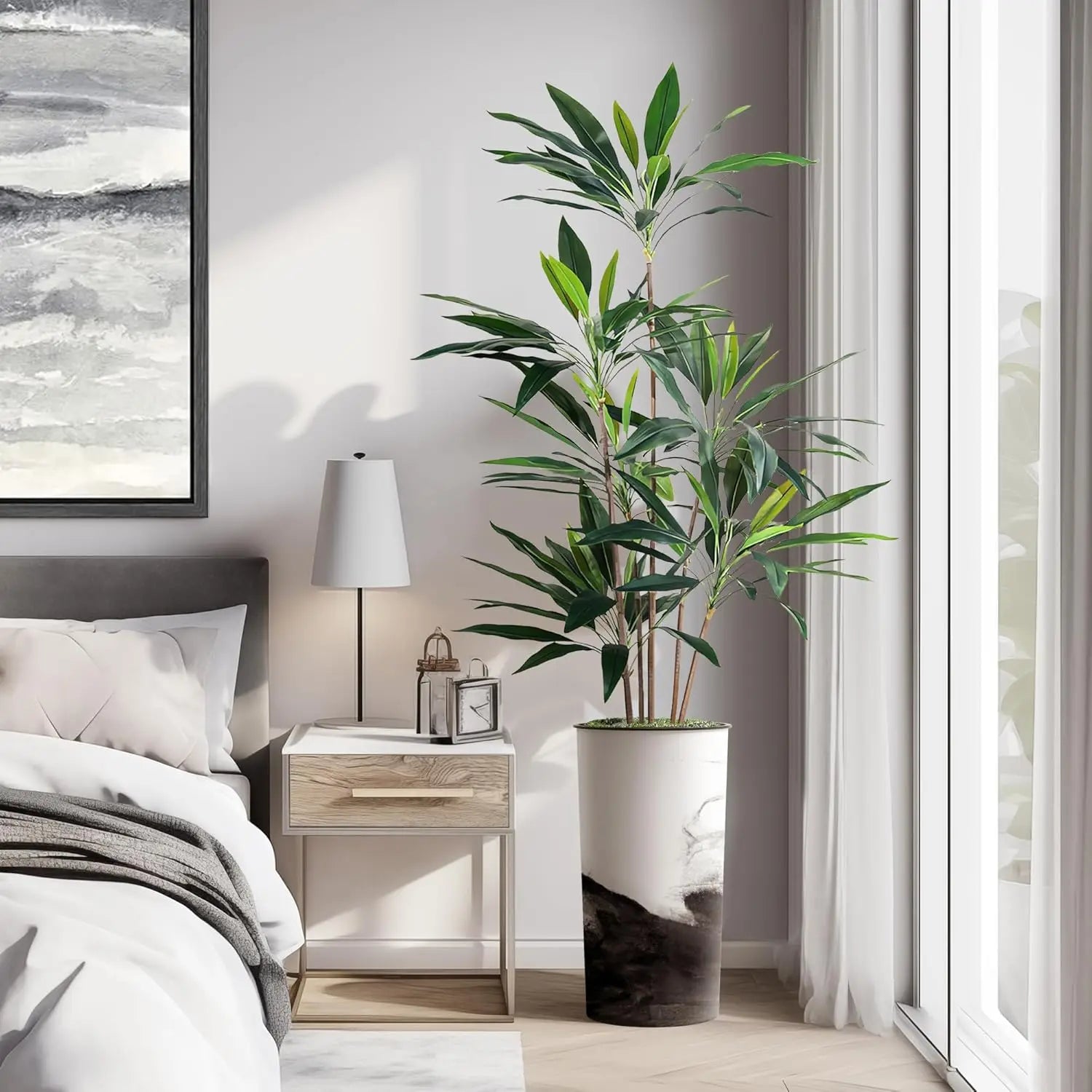 Artificial Tree in Contemporary Planter, Fake Dracaena Tree Silk Tree for Indoor and Outdoor Home Decoration - 66" Overall Ta