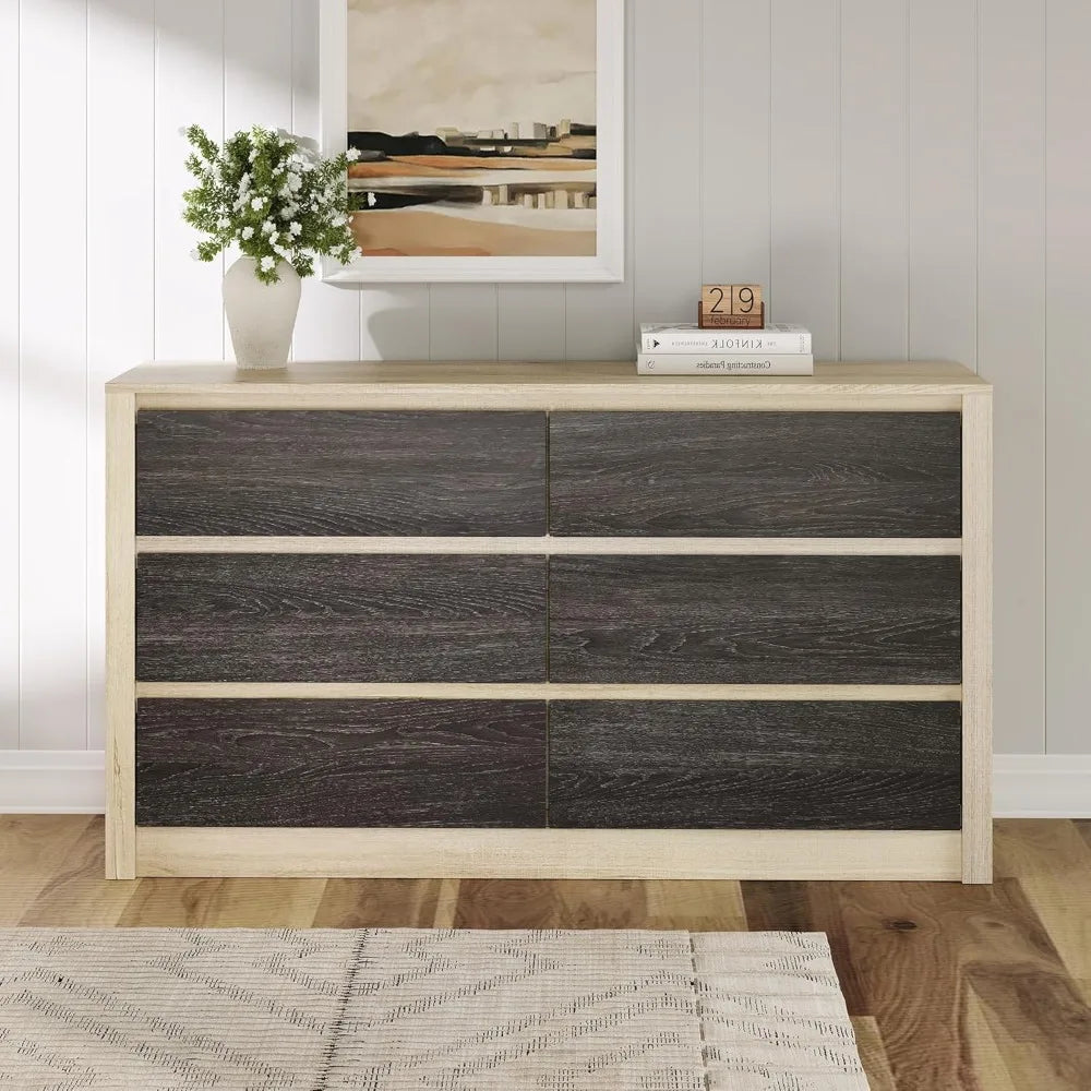 Modern Farmhouse 6 Drawer Dresser for Clothes Storage, 47" Wide Handle-Free Wood Chest, Light Greige Oak and Charcoal Ash Two