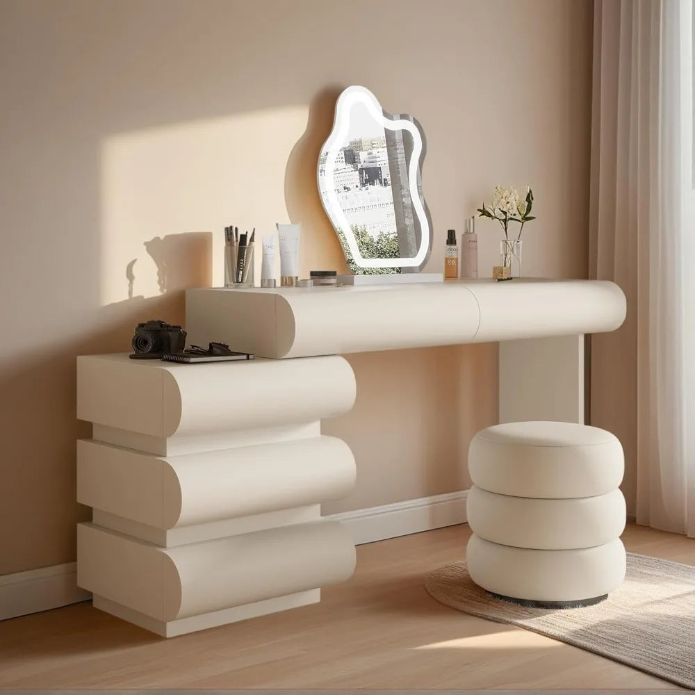 Makeup Vanity Desk with Mirror and Lights, Luxury Vanity Set with Side Cabinet, Microfibre Leather Wrapped Dressing  Table