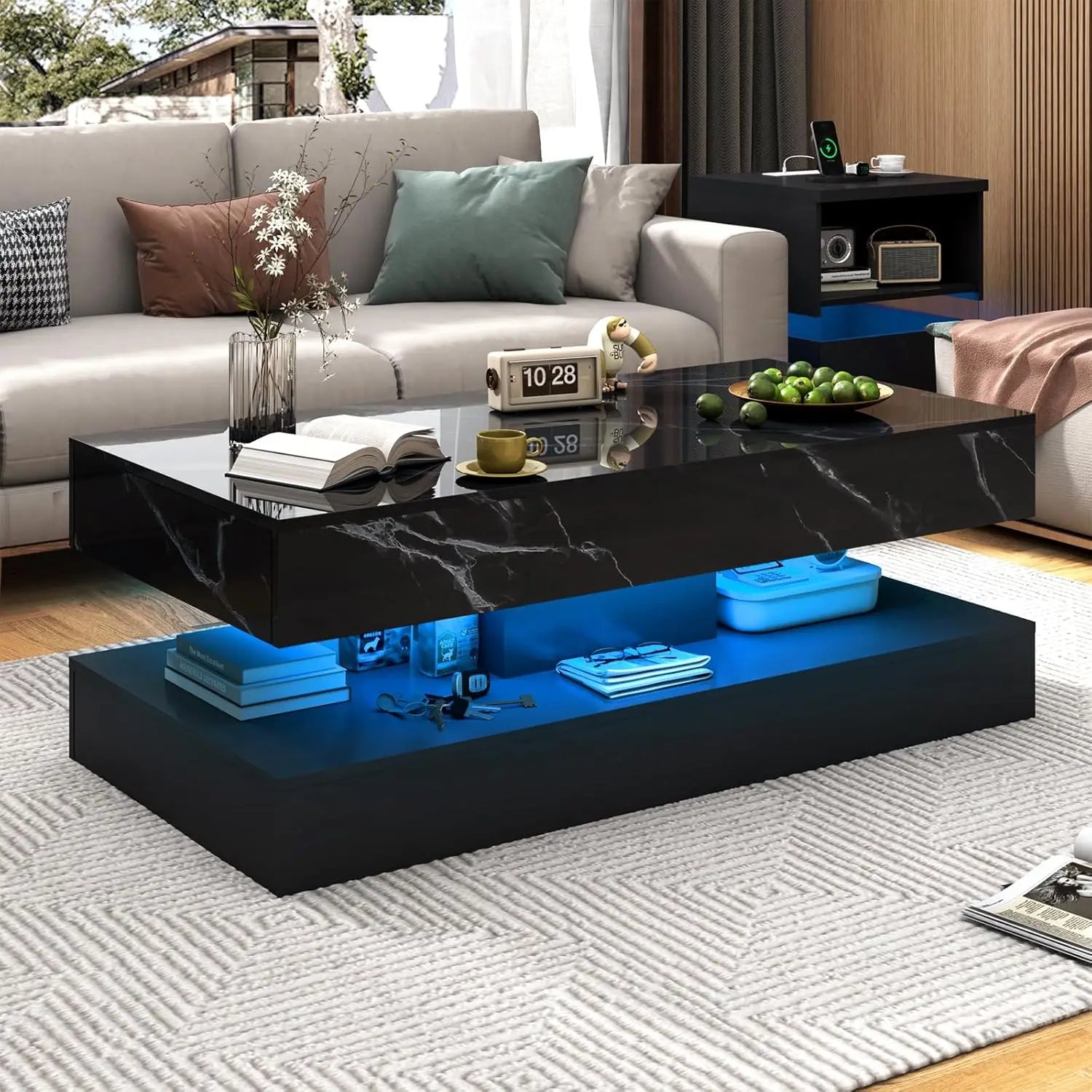 Modern LED Coffee Table with Double-Layer Design & Dual Storage Drawers