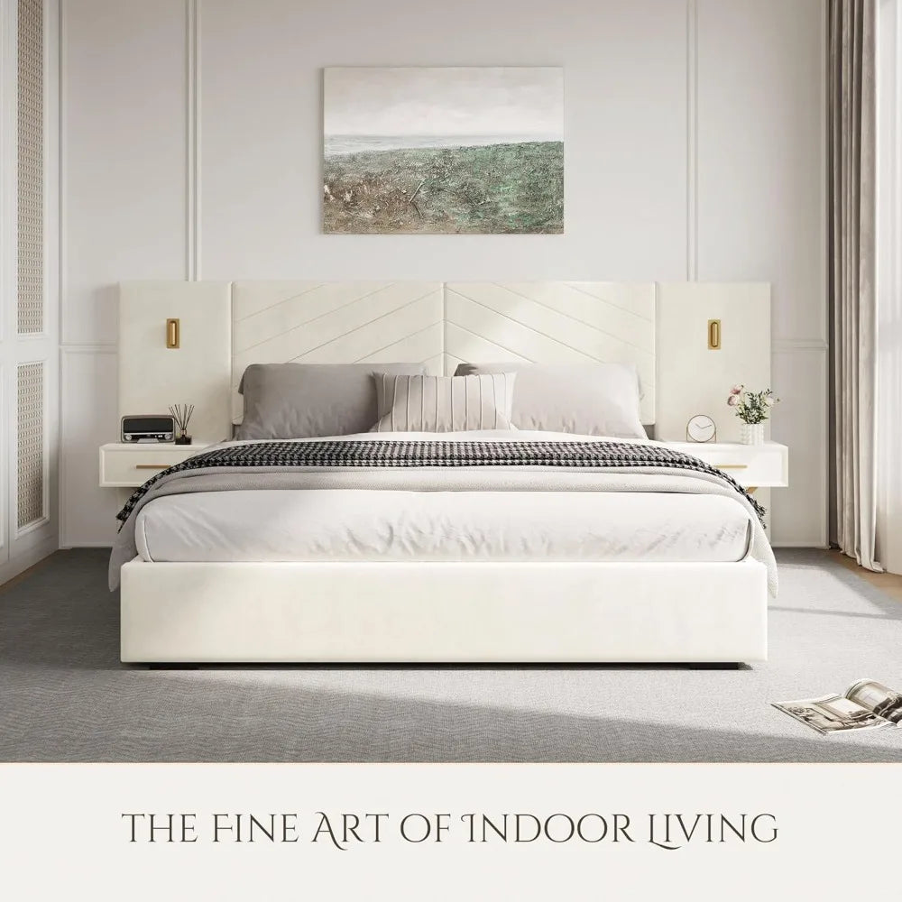 Luxurious King Platform Bed Frame – Velvet Upholstered Headboard with Built-In Sconces & Nightstands