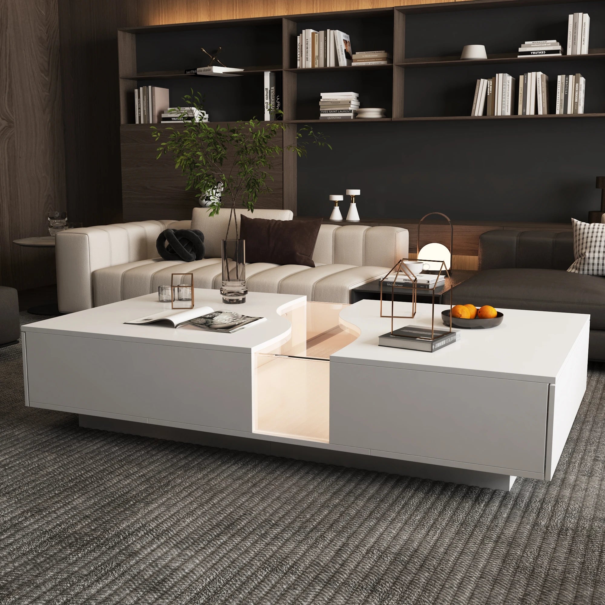 Modern LED Coffee Table – 55.1” Wide Center Table with 2 Storage Drawers