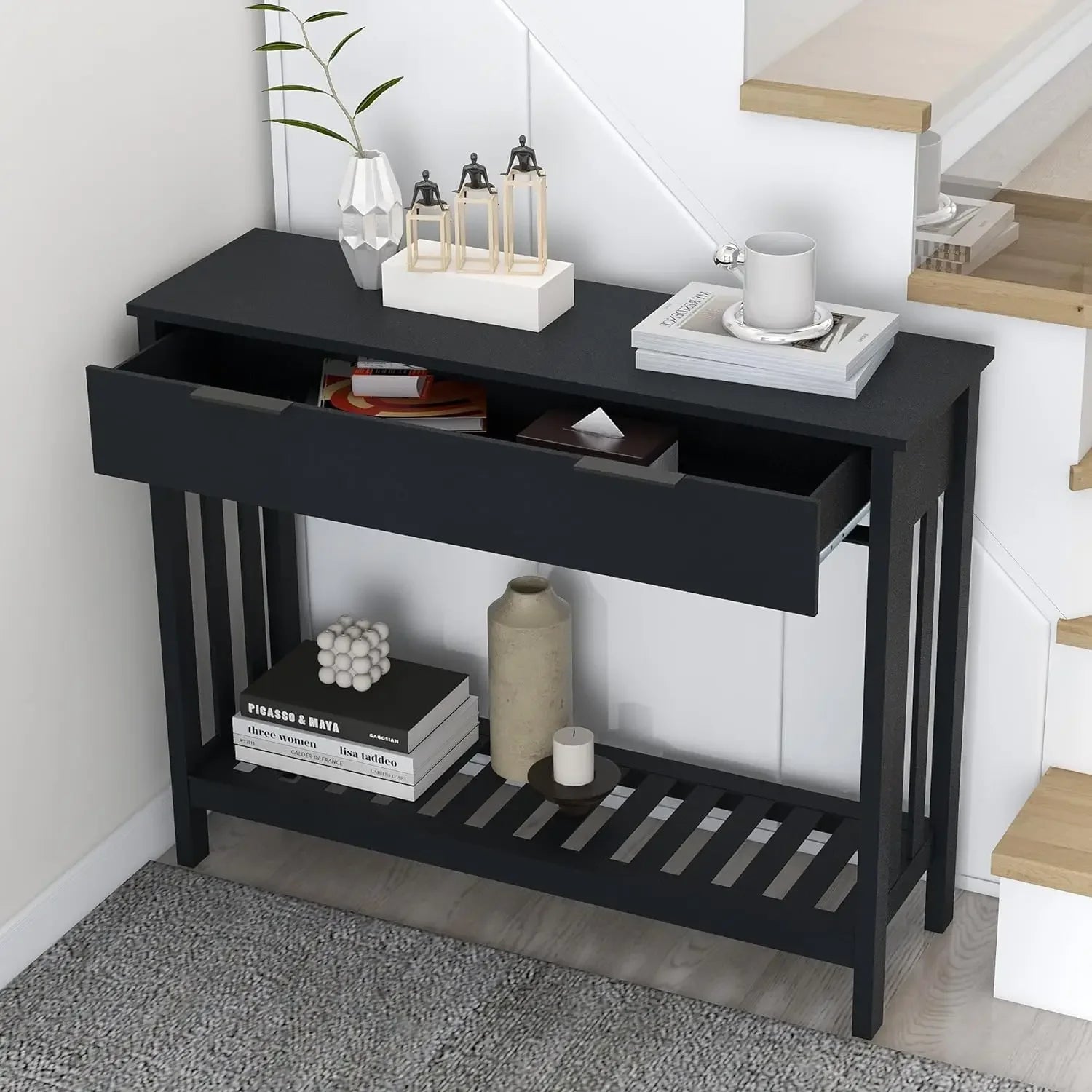 Black Entryway Table with Drawer Modern Wood Narrow Console Table with Storage, Hallway Sofa Tables for Living Room, Black