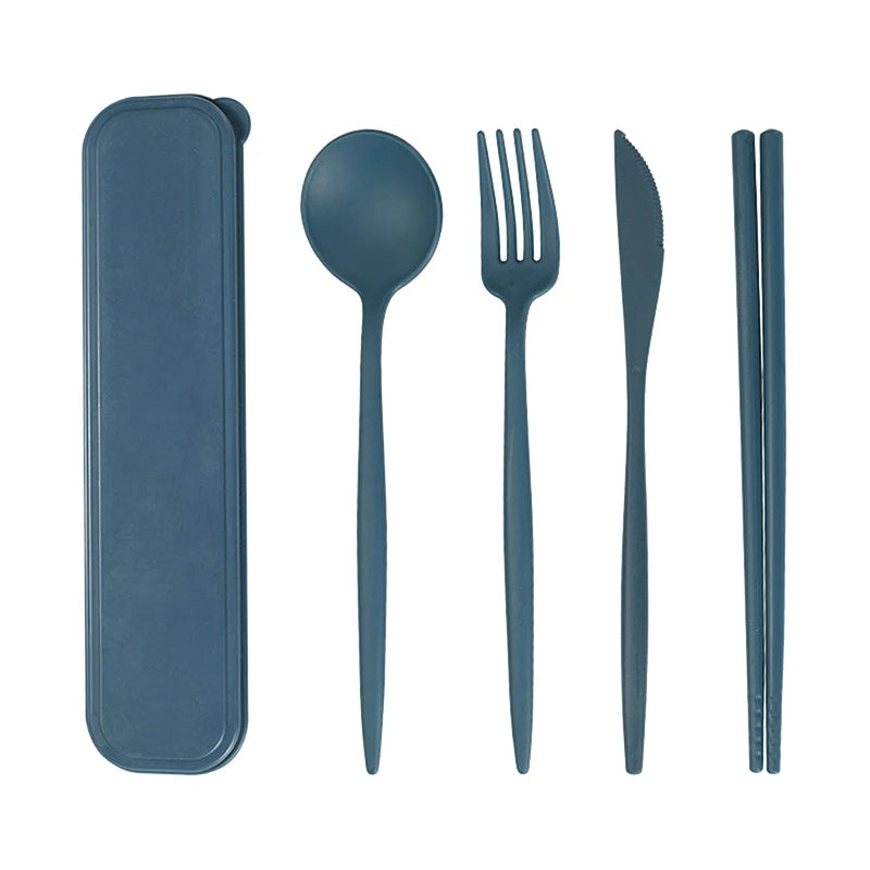 4Pcs Travel Cutlery Sets Portable Tableware Set With Box Chopsticks Fork Spoon Knife Wheat Straw Dinnerware Picnic Cutlery