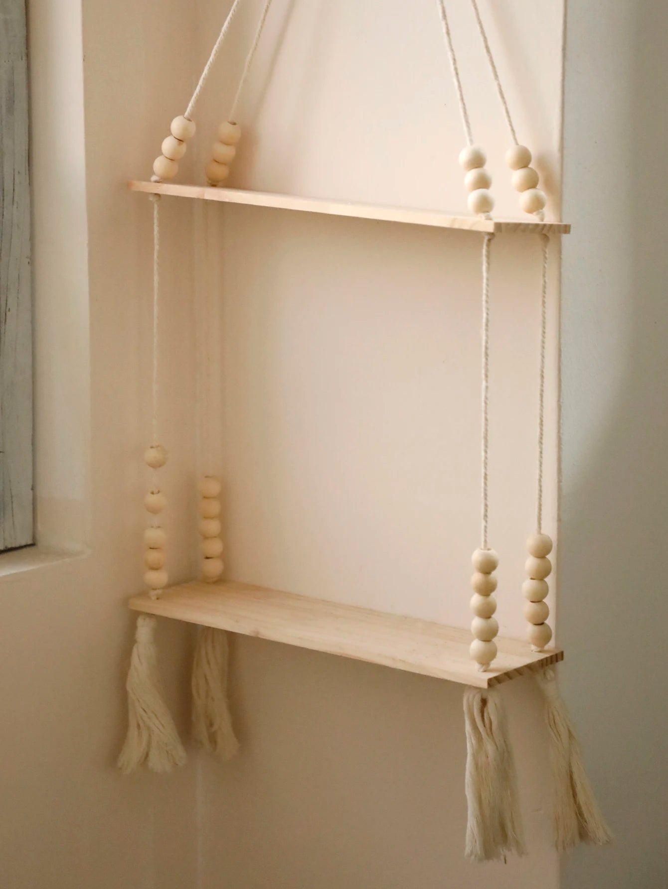 Macrame Hanging Shelf Wall Decor Handmade Rope Rustic Wood Floating Wall Shelf Display Stand Corner Wall Shelf For Photos Plant