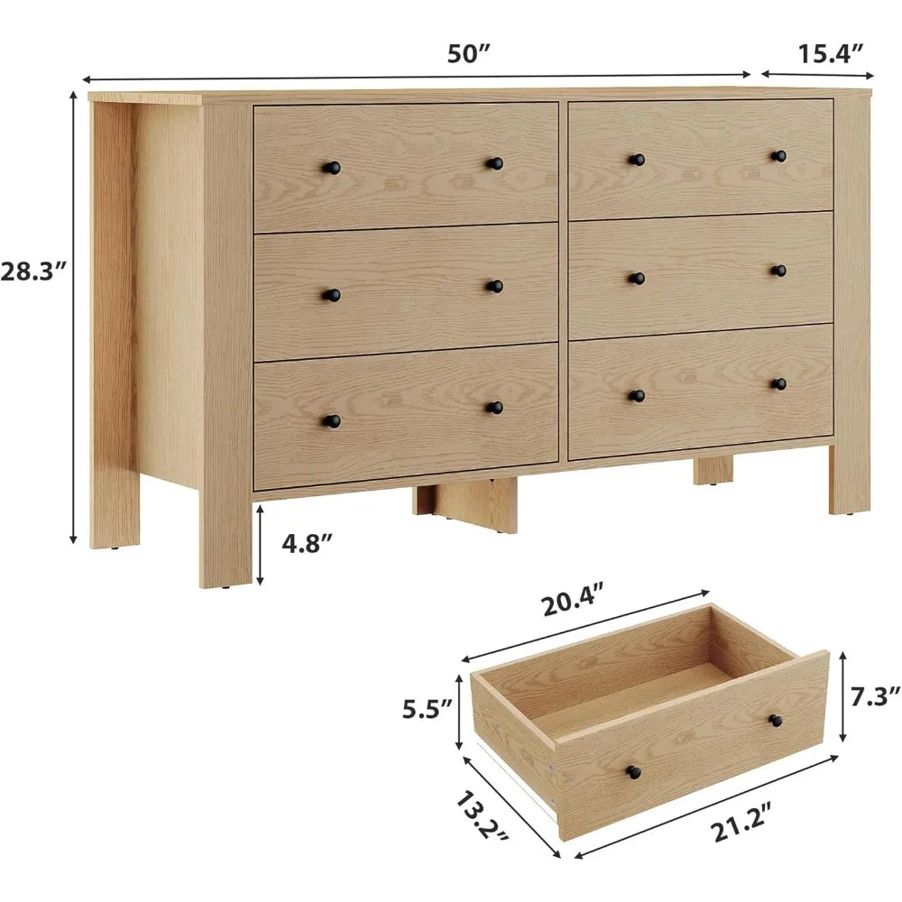 Natural Oak 6 Drawer Dresser for Bedroom, Modern Wide Dresser Organizer with Storage Drawers, Wooden Chests of Drawer