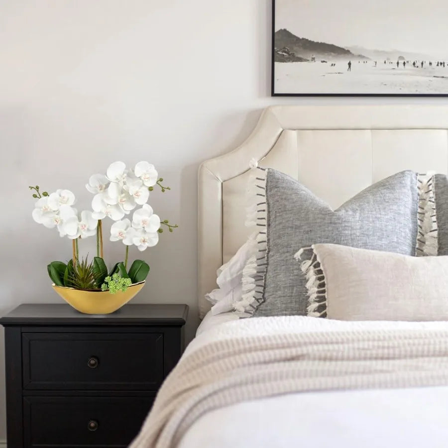 17inch White Fake Orchid Silk Flowers with Gold Ceramic Pot Faux Orchid Arrangement for Home Office Room Coffee Table Centerpie