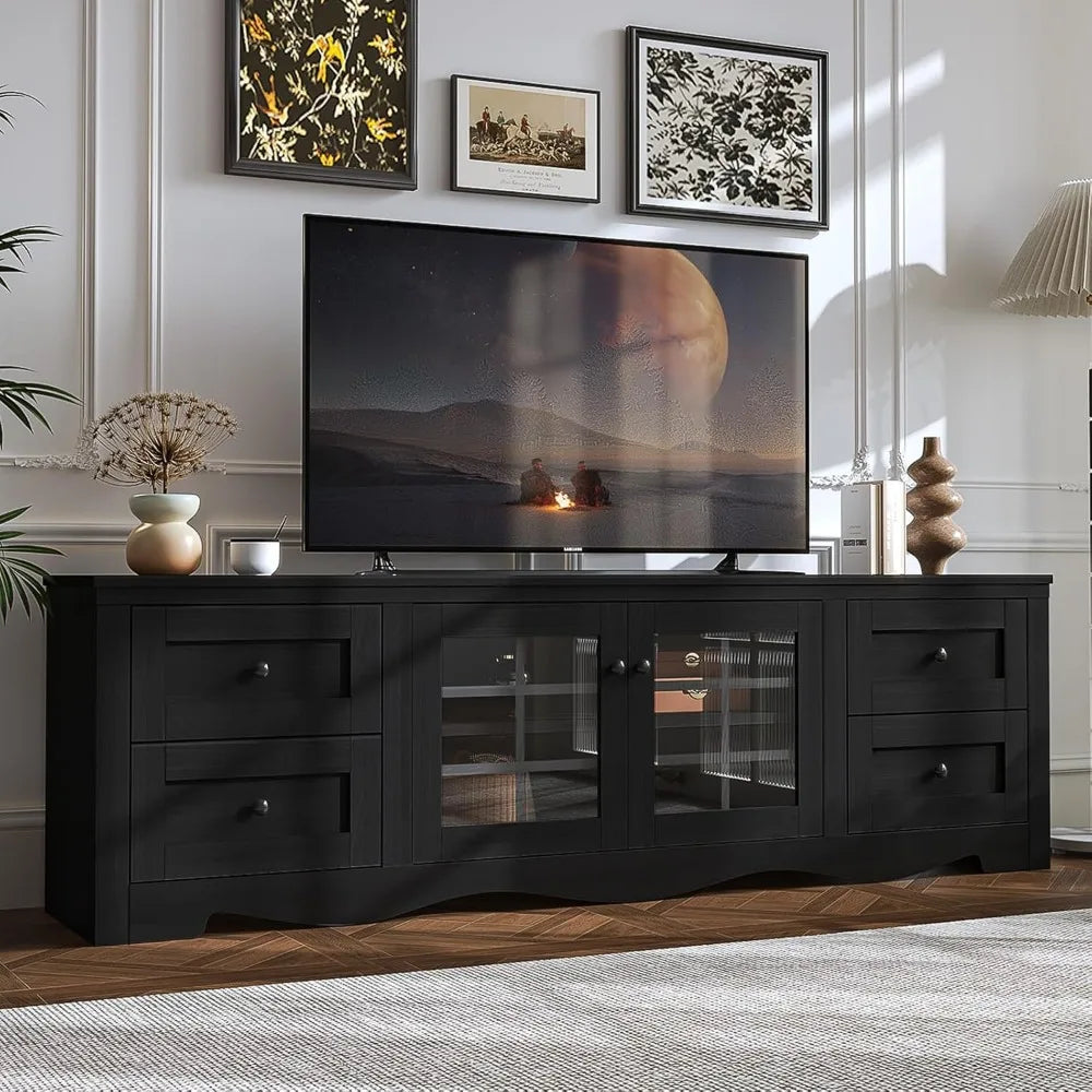 70" Modern TV Stands for for Living Room, Entertainment Center with 4 Large Drawers, Wood TV Console with Glass Door Storage