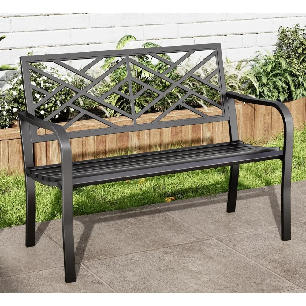 7 Inches Outdoor Garden Bench,Cast Iron Metal Frame Patio Park Outside Benches with Geometric Pattern Backrest for Front Porch
