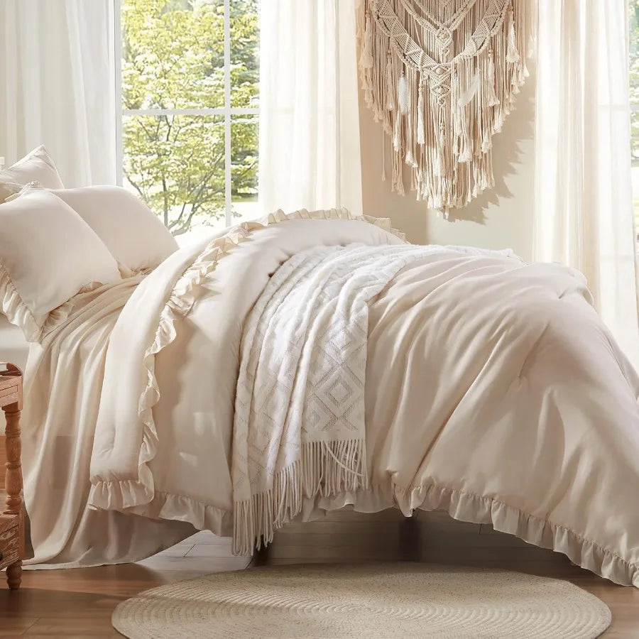 Queen Comforter Set 7 Piece Beige Bed in a Bag with Sheets All Season Ruffle Shabby Chic Bedding Sets with 1 Comforter 2 Pillow