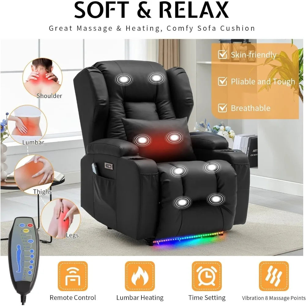 Electric Power Recliner Chair with Massage & Heat - Ergonomic Wingback Lounge Sofa Chair for Living Room, Home Theater Seating