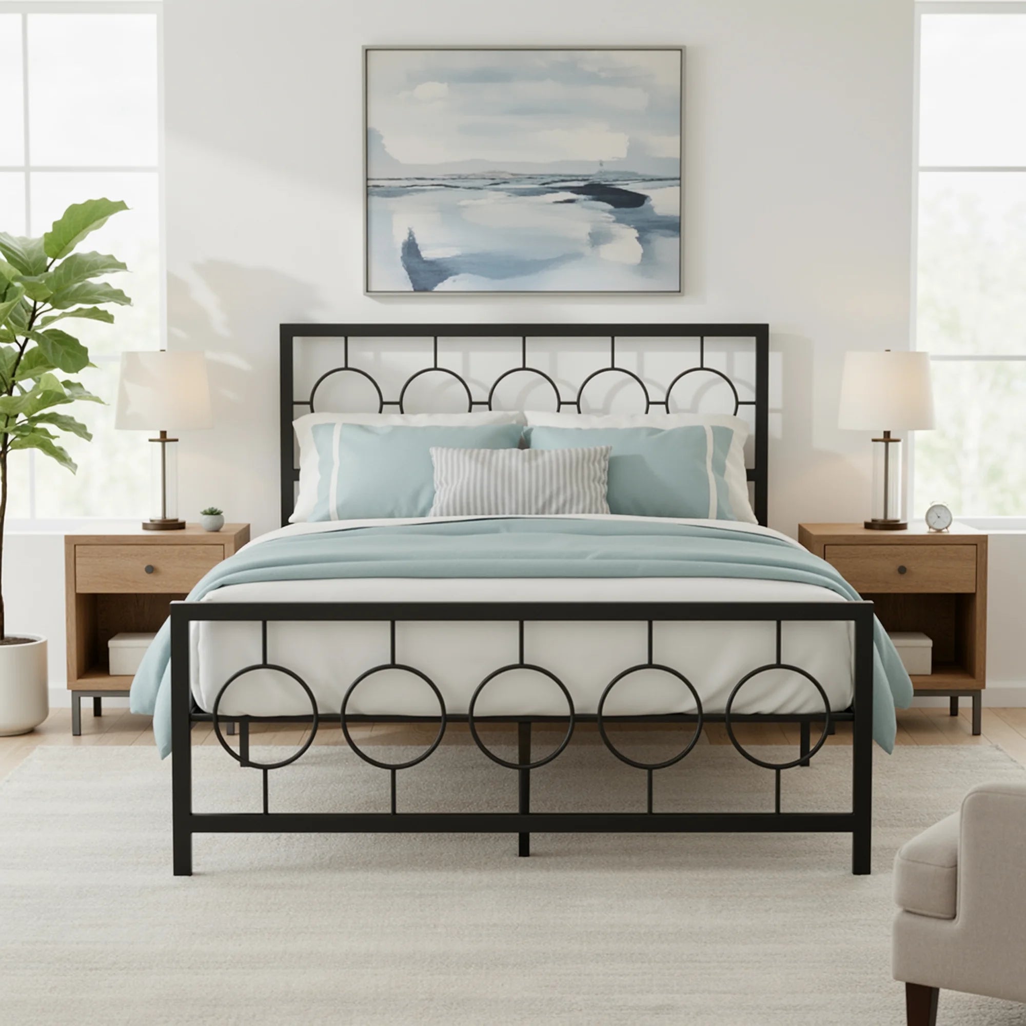 Metal Platform Bed Frame with Vintage Circular Headboard & Footboard, Extra Under-Bed Storage, No Box Spring Needed