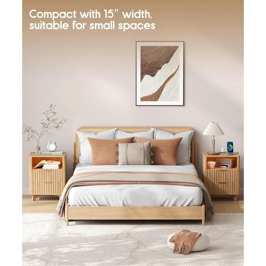 Fluted Nightstand with Charging Station 13.8" D x 15" W x 22.8" H Modern End Table with LED Light Wooden Bedside Table for Bedr