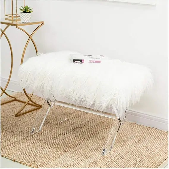 White Faux Fur Ottoman Bench – Modern Footrest with Acrylic Legs