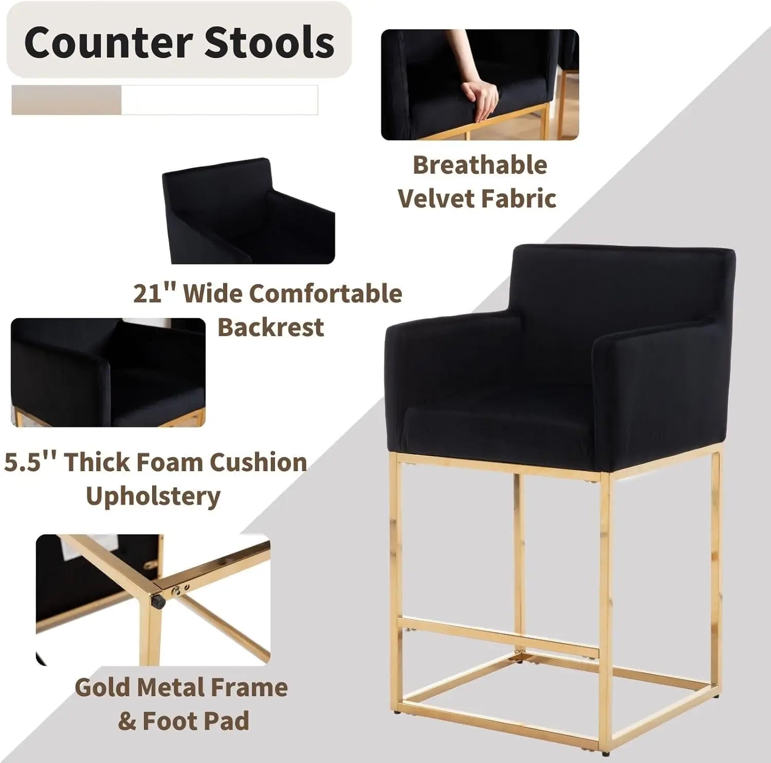 Modern Velvet Counter-Height Bar Stools – Gold Metal Frame with Back (Set of 2, Black)