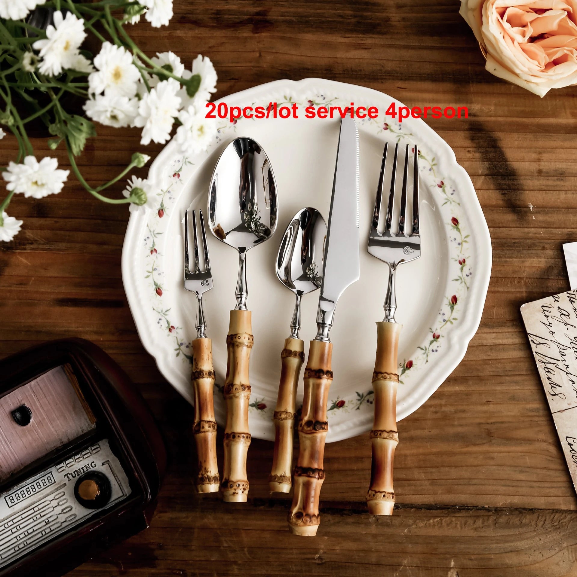Bamboo Handle Cutlery Set Dinnerware Set 5/20pcs 18/10 Stainless Steel Knife Fork Spoon Tableware Cutleries Sets Dropshipping