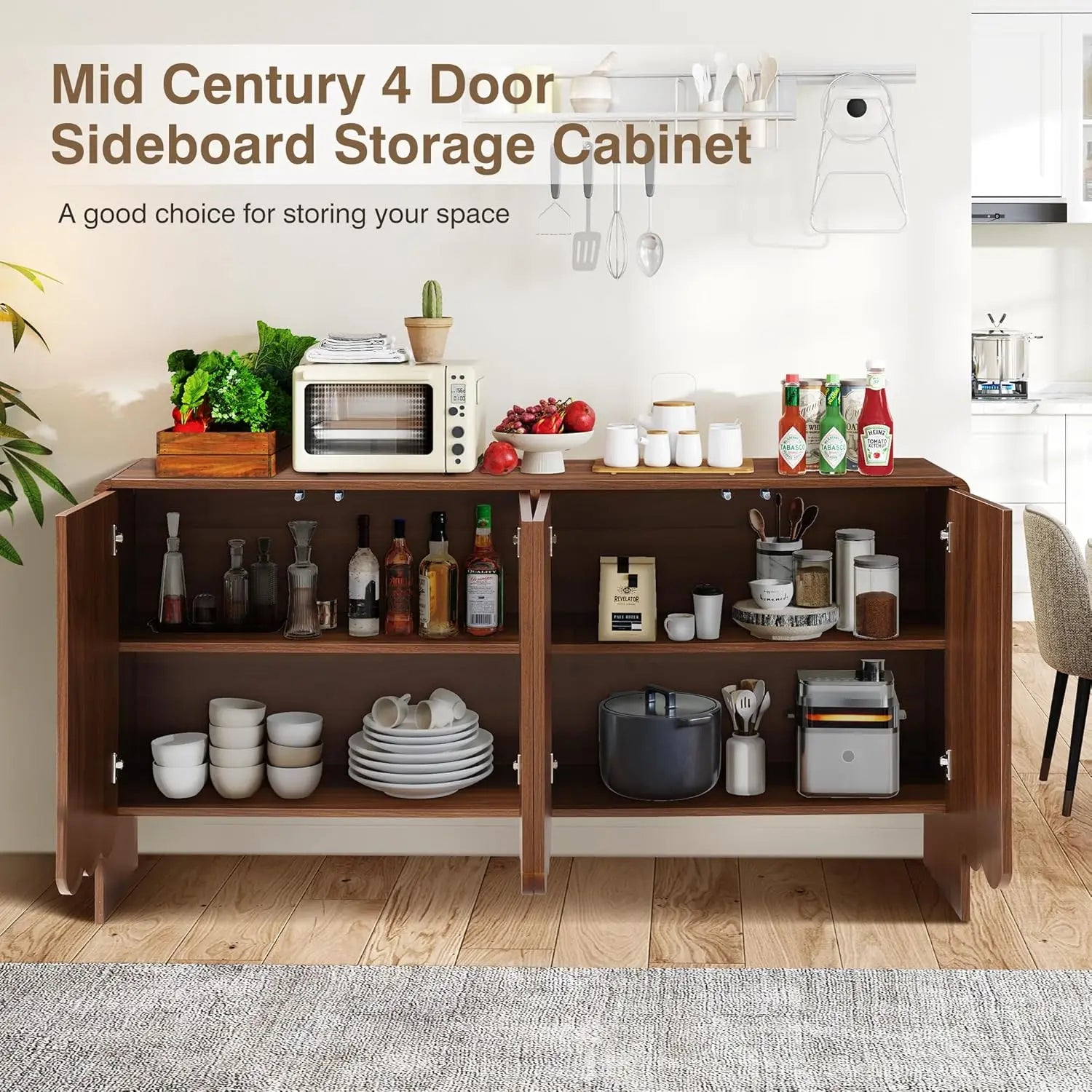 Farmhouse Sideboard Buffet Cabinet, 4-Door Storage with Adjustable Shelves, Walnut Wood, Wave Panel Design for Living Room, Dini