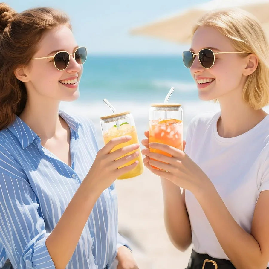16oz Glass Cups with Bamboo Lids and Glass Straws 20Pcs Drinking Glasses Set for Iced Coffee Juice Tea Soda Smoothie Cocktail E