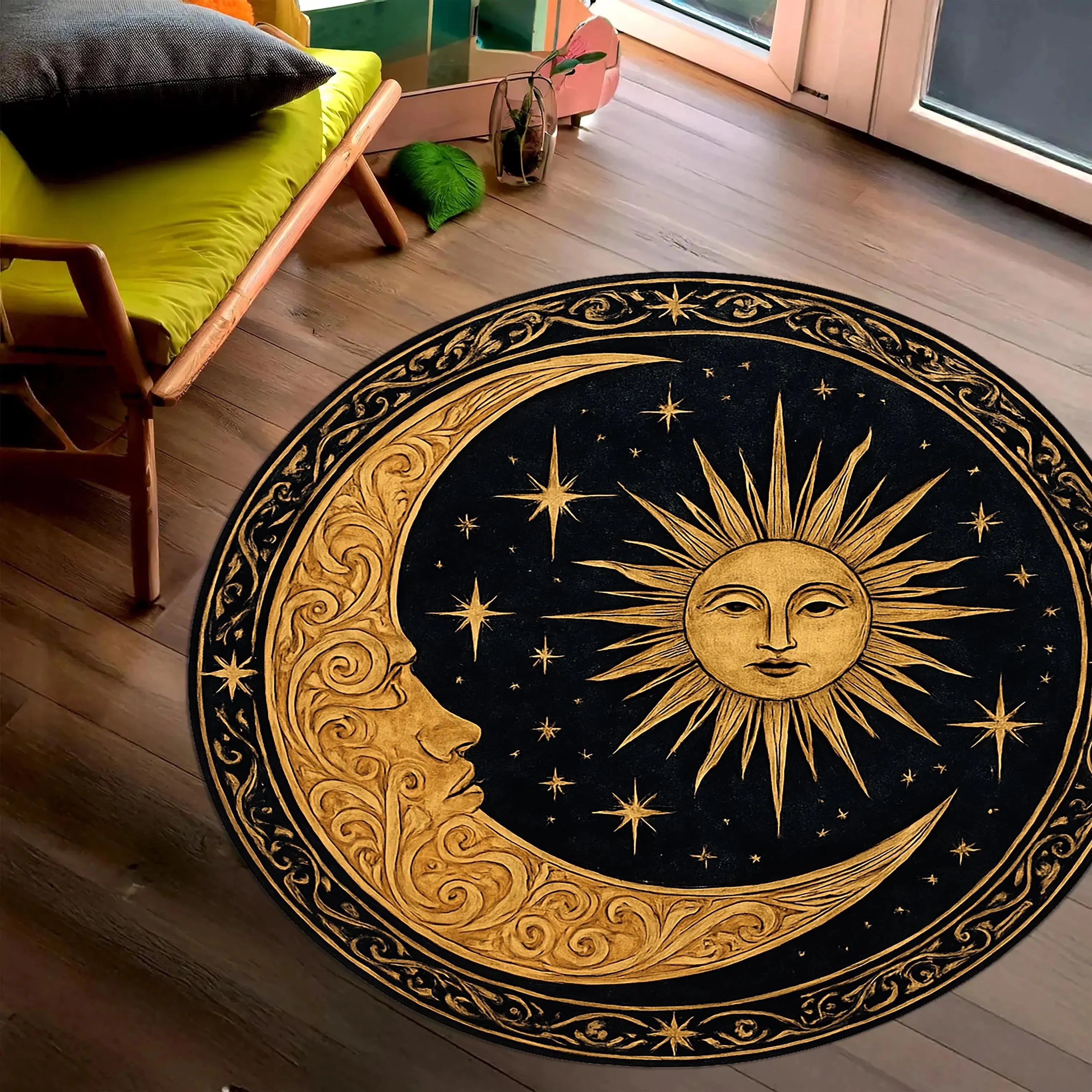 1pc Celestial Sun and Moon Pattern Round Rug, Non-slip Floor Mat for Living Room, Bedroom, Bathroom, Holiday Home Decoration